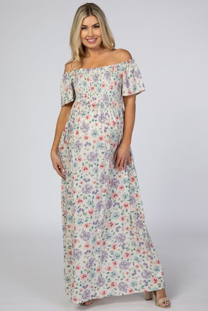 Ivory Floral Smocked Off Shoulder Maternity Maxi Dress sold by Pinkblush