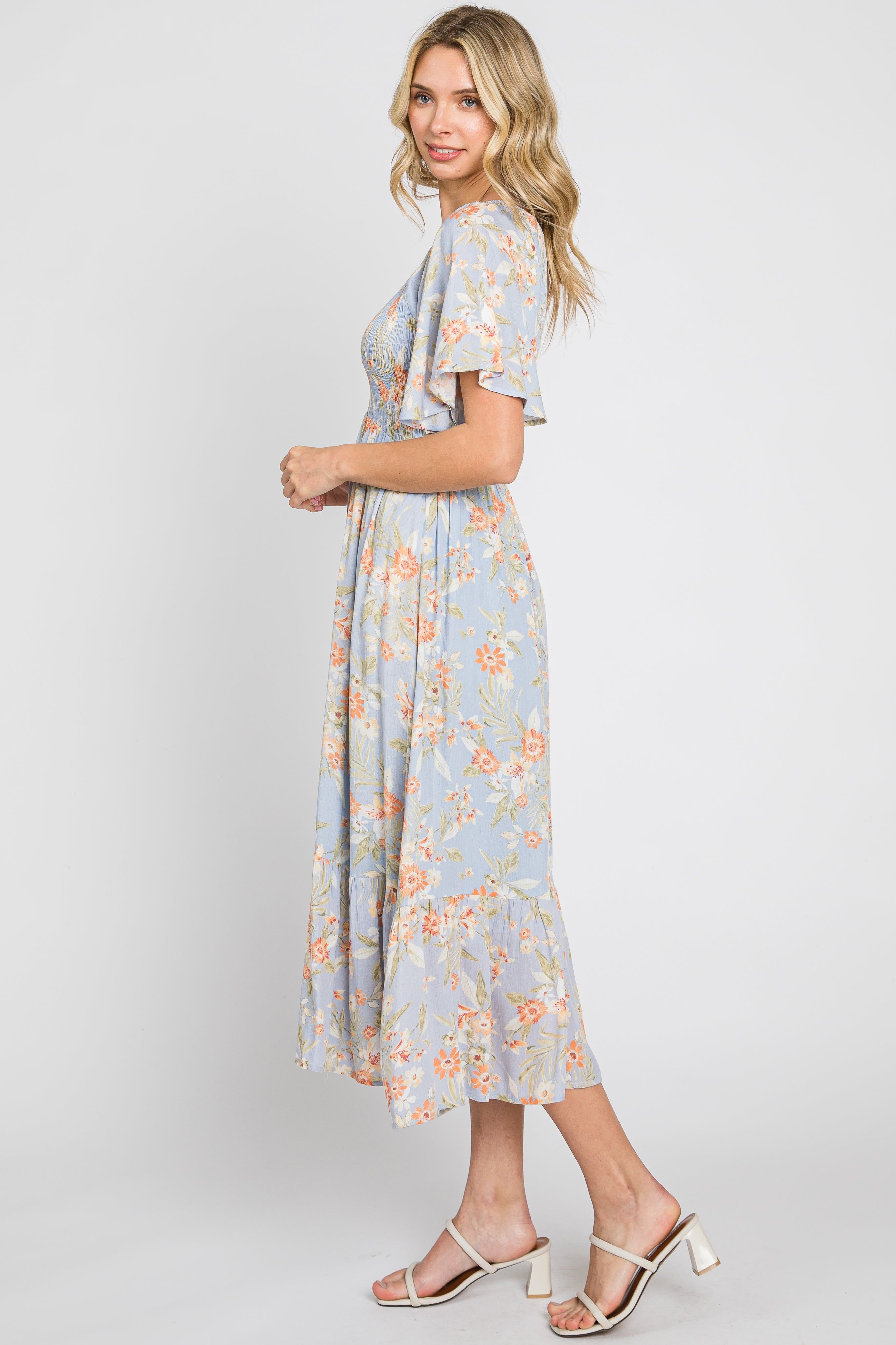 Light Blue Floral Smocked V-Neck Short Sleeve Midi Dress sold by Pinkblush product image thumbnail 2