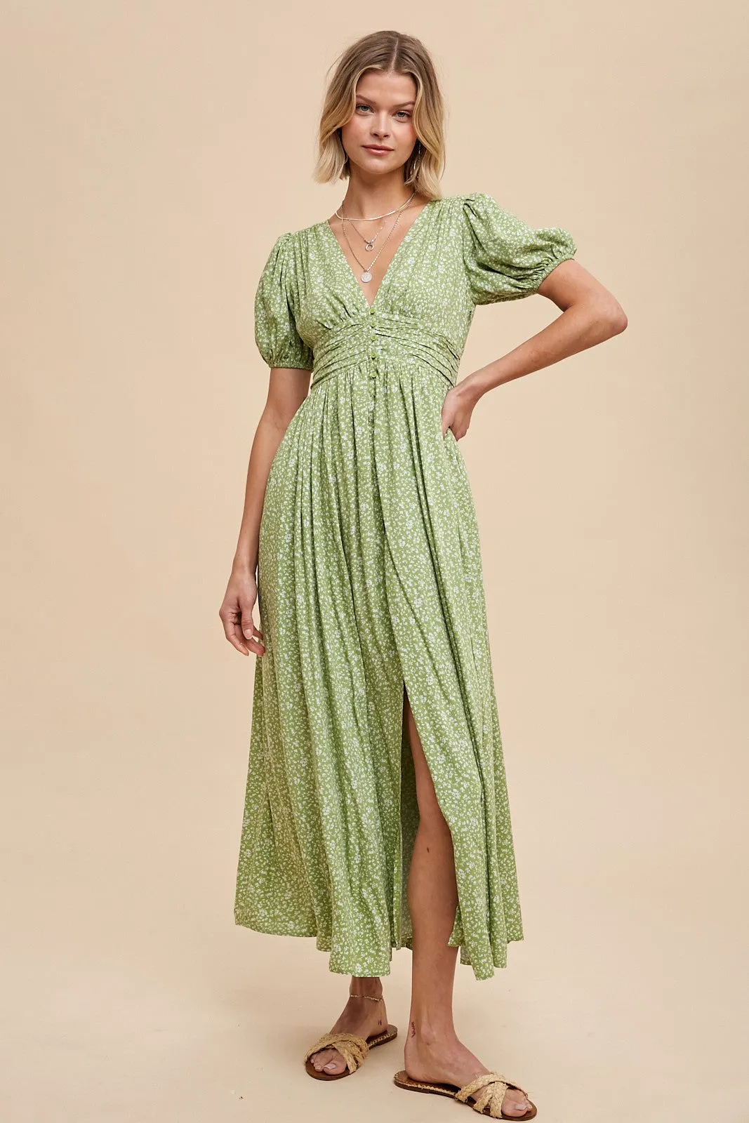 Sage Floral Button Down Front Slit Maxi Dress sold by Pinkblush