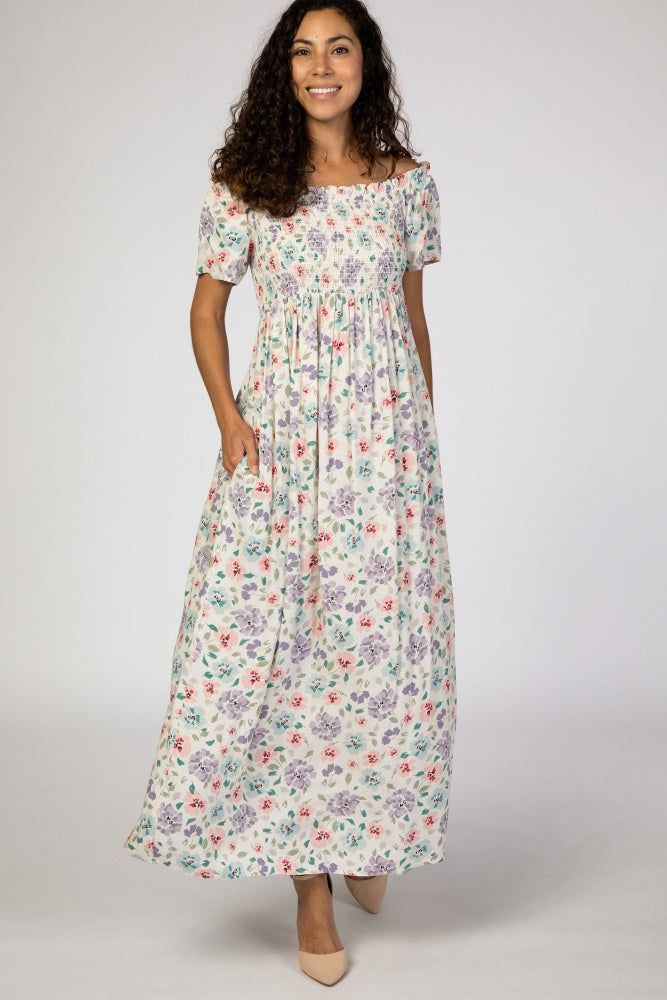 Ivory Floral Smocked Off Shoulder Maternity Maxi Dress sold by Pinkblush product image thumbnail 5
