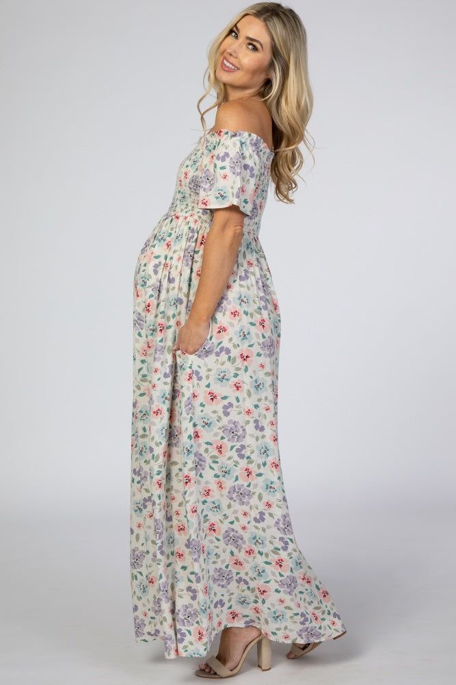 Ivory Floral Smocked Off Shoulder Maternity Maxi Dress sold by Pinkblush product image thumbnail 2