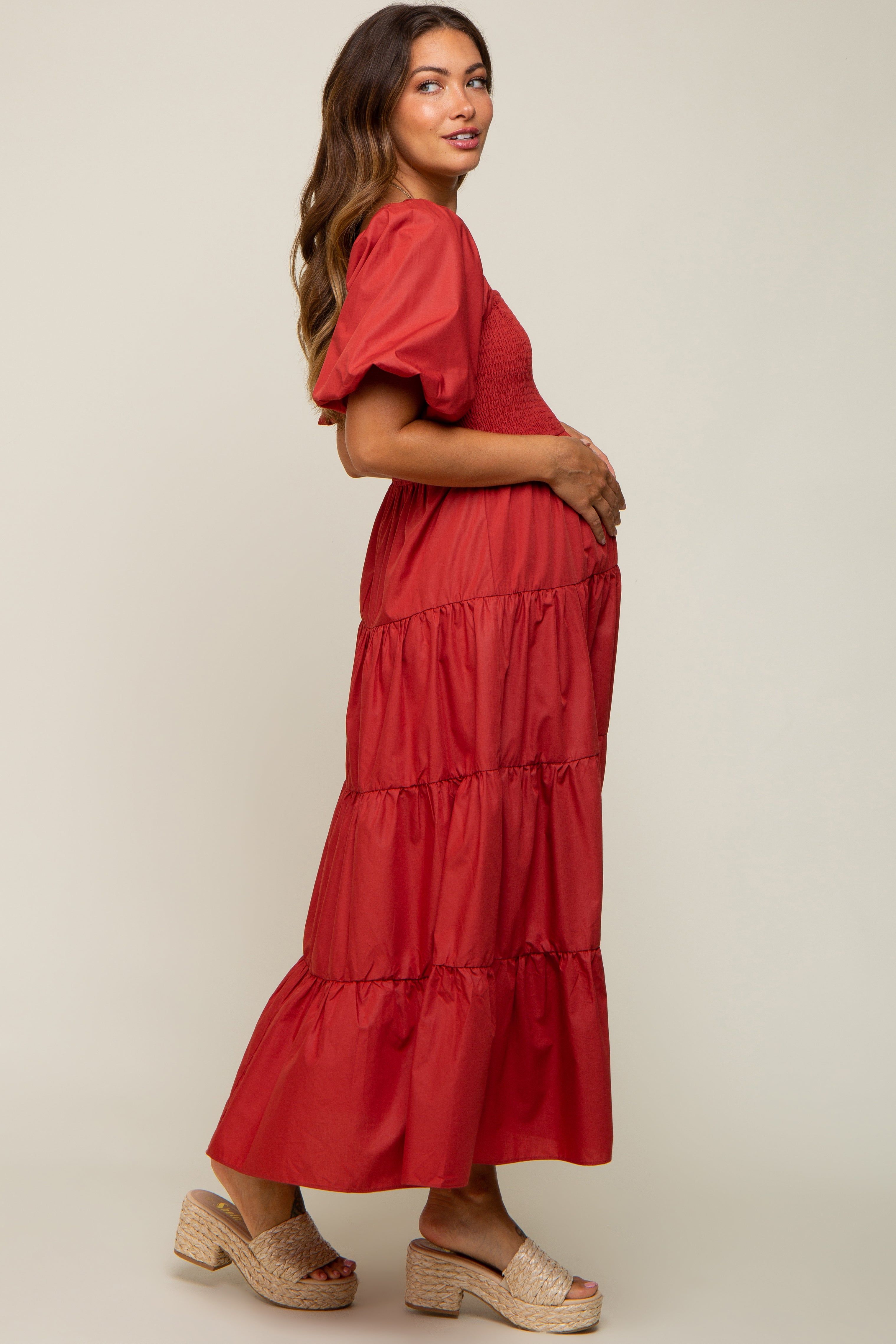 Rust Square Neck Smocked Puff Short Sleeve Tiered Maternity Midi Dress sold by Pinkblush product image thumbnail 2