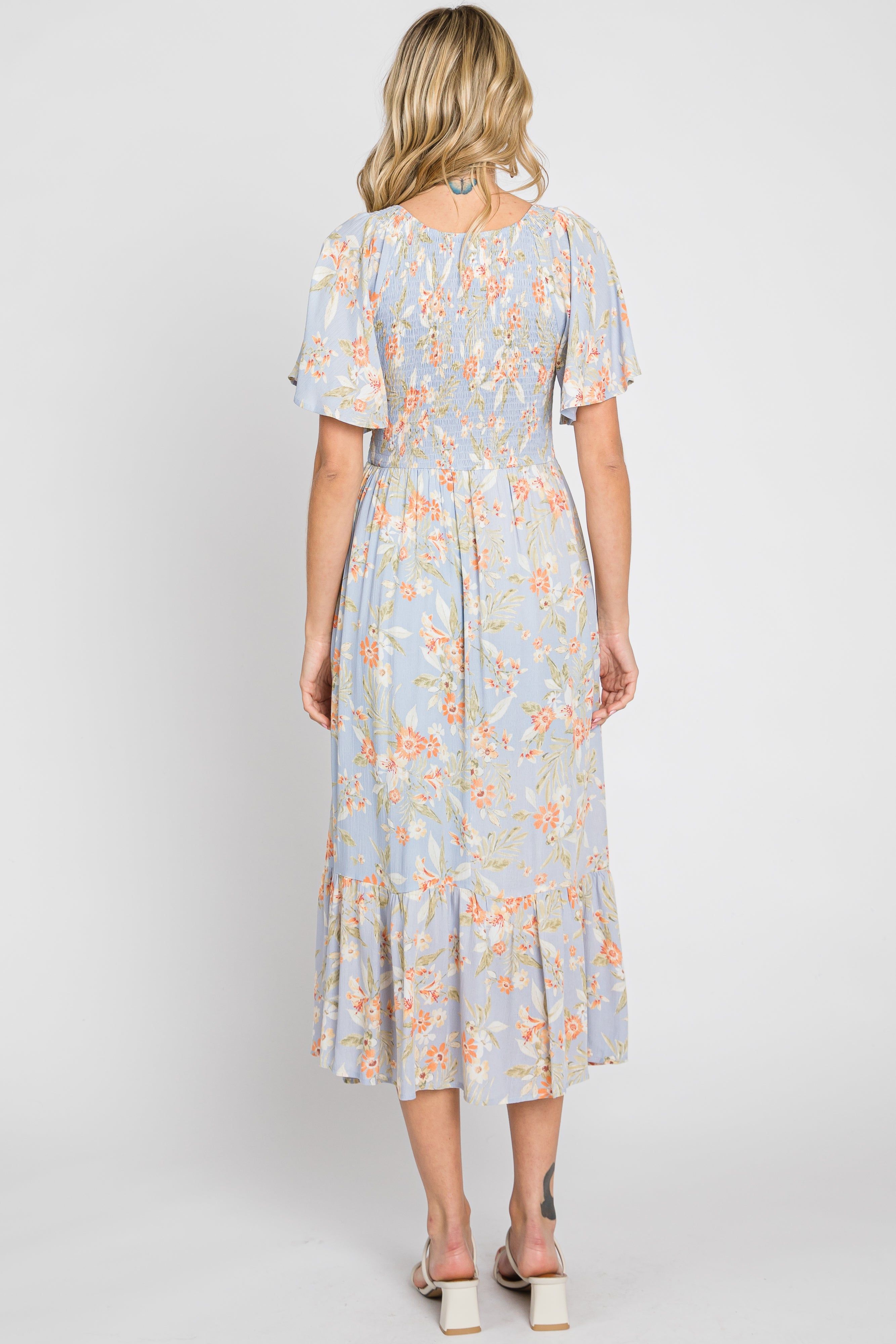 Light Blue Floral Smocked V-Neck Short Sleeve Midi Dress sold by Pinkblush product image thumbnail 3