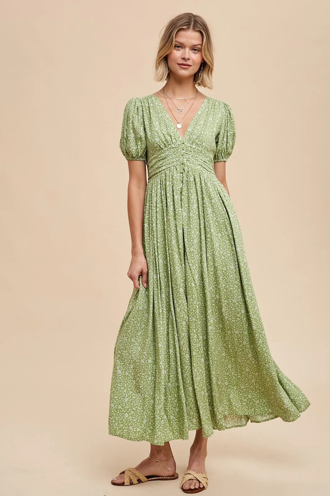 Sage Floral Button Down Front Slit Maxi Dress sold by Pinkblush product image thumbnail 2