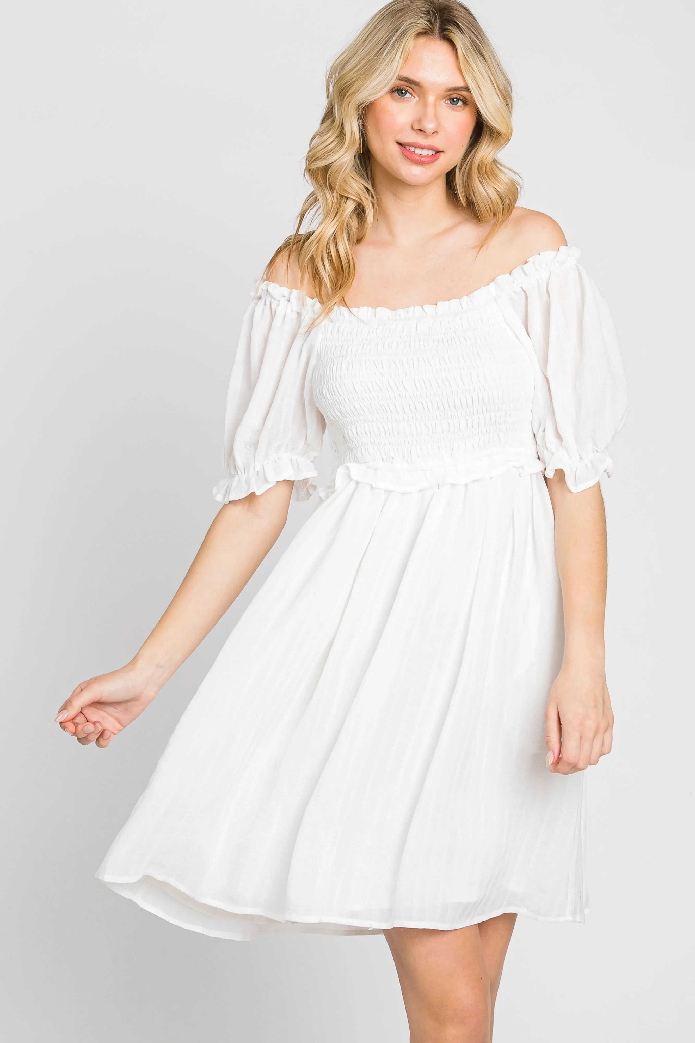 White Smocked Puff Sleeve Dress sold by Pinkblush product image thumbnail 4