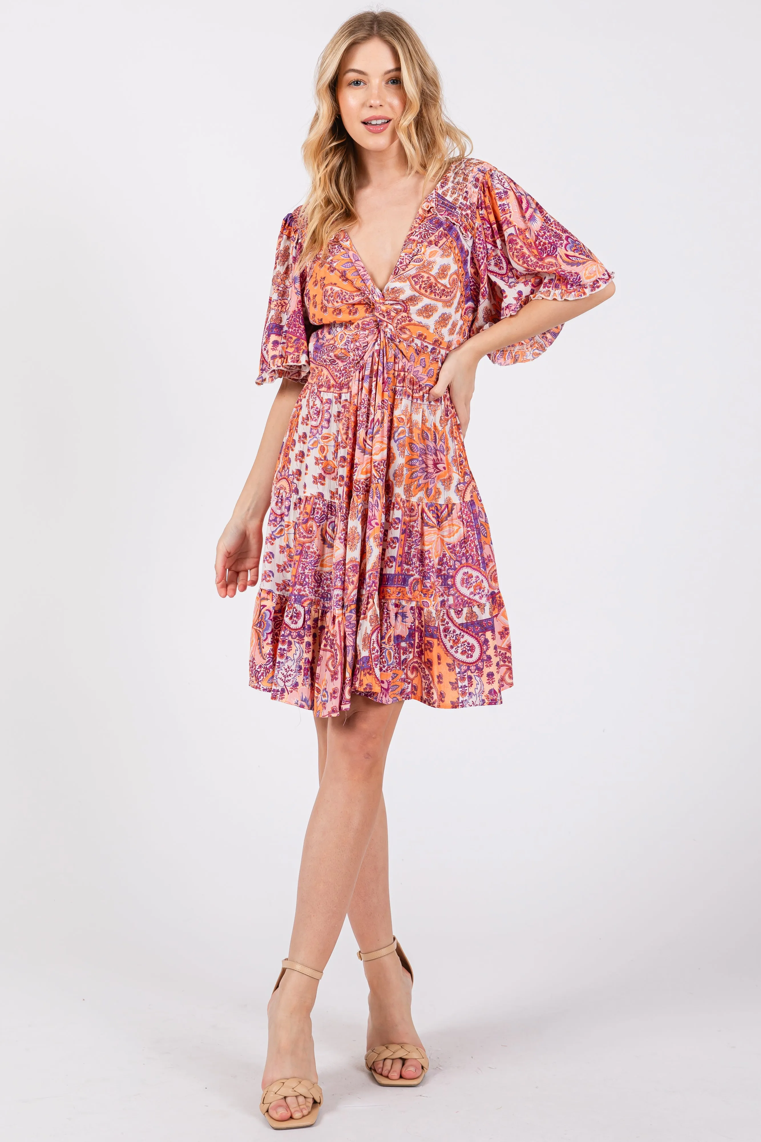 Peach Paisley Twist Front Short Sleeve Dress sold by Pinkblush