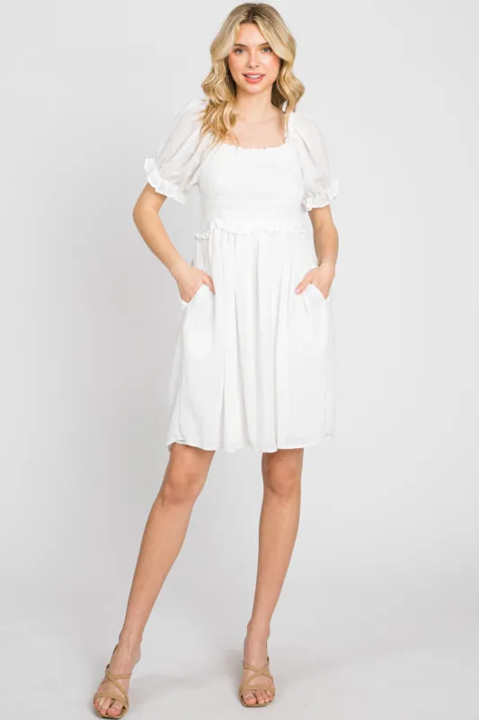 White Smocked Puff Sleeve Dress sold by Pinkblush