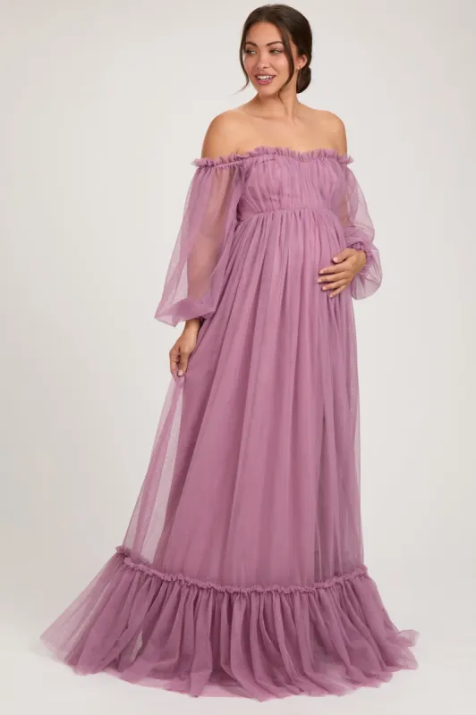 Mauve Sweetheart Neck Off Shoulder Long Sleeve Tulle Maternity Maxi Dress sold by Pinkblush