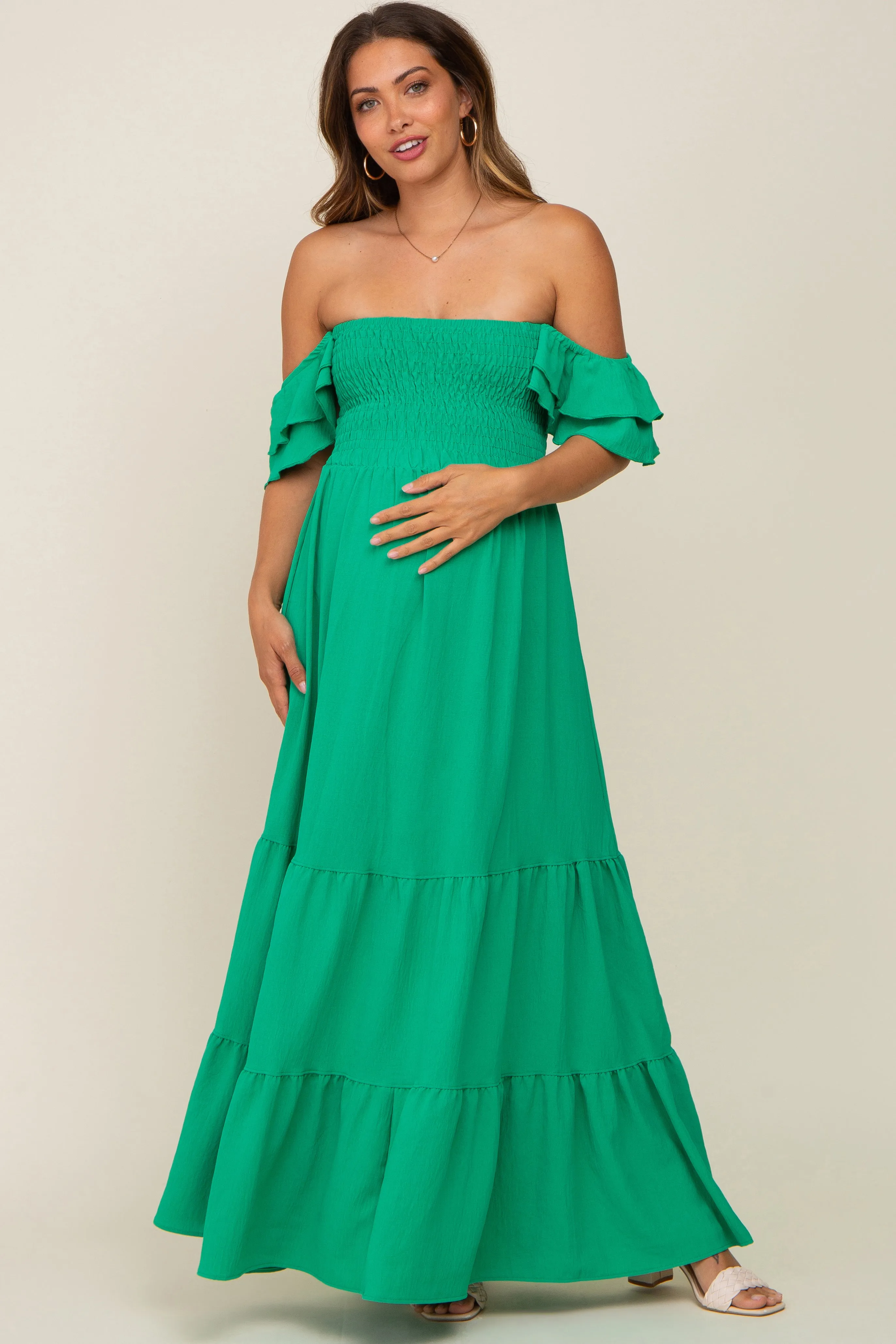 Green Smocked Ruffle Off Shoulder Tiered Maternity Maxi Dress sold by Pinkblush