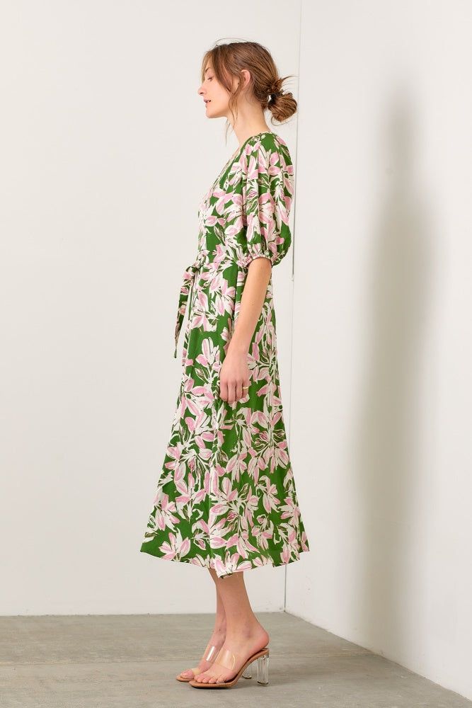 Green Multi Large Floral Print Puff Sleeve Midi Dress sold by Pinkblush product image thumbnail 3