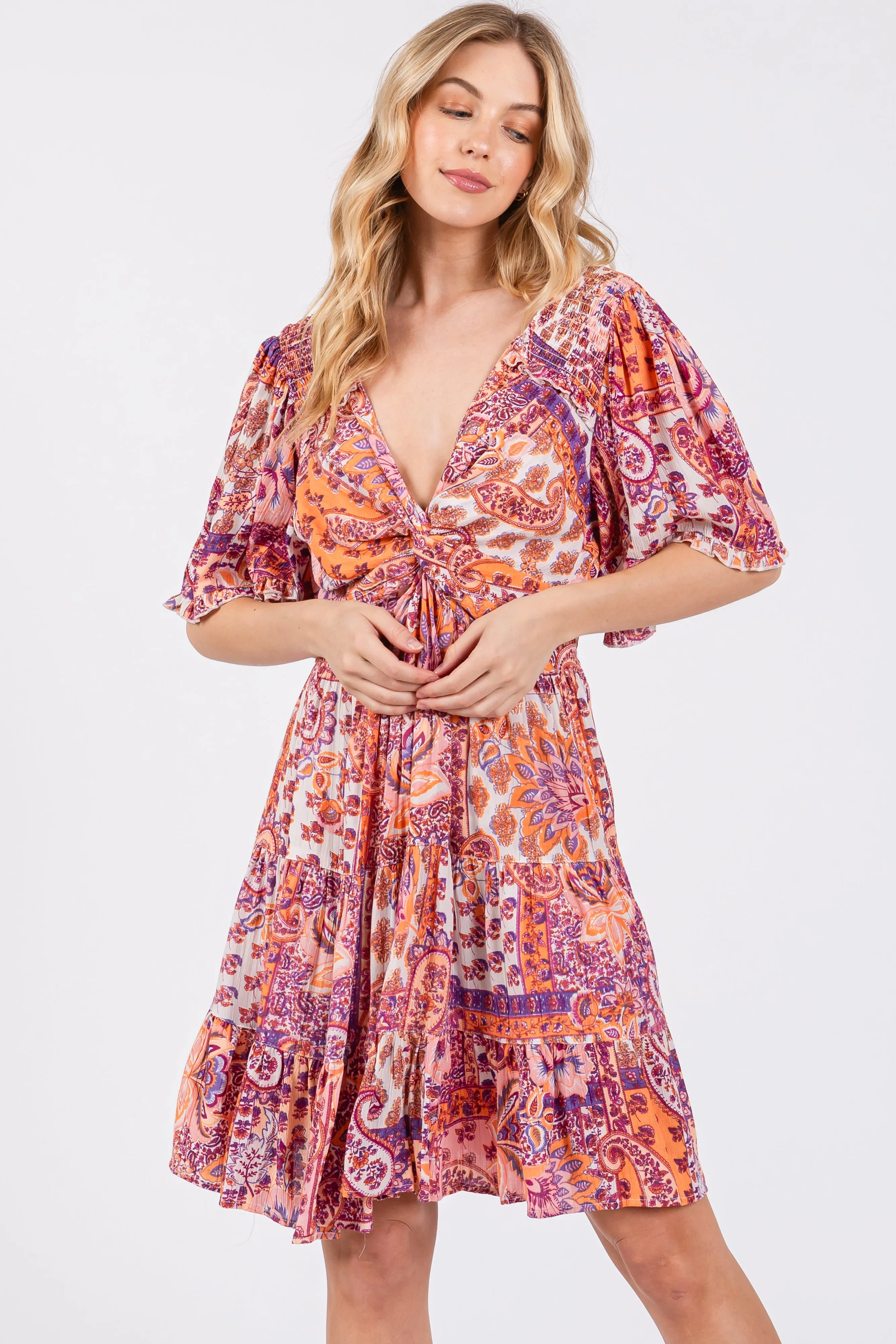 Peach Paisley Twist Front Short Sleeve Dress sold by Pinkblush product image thumbnail 2