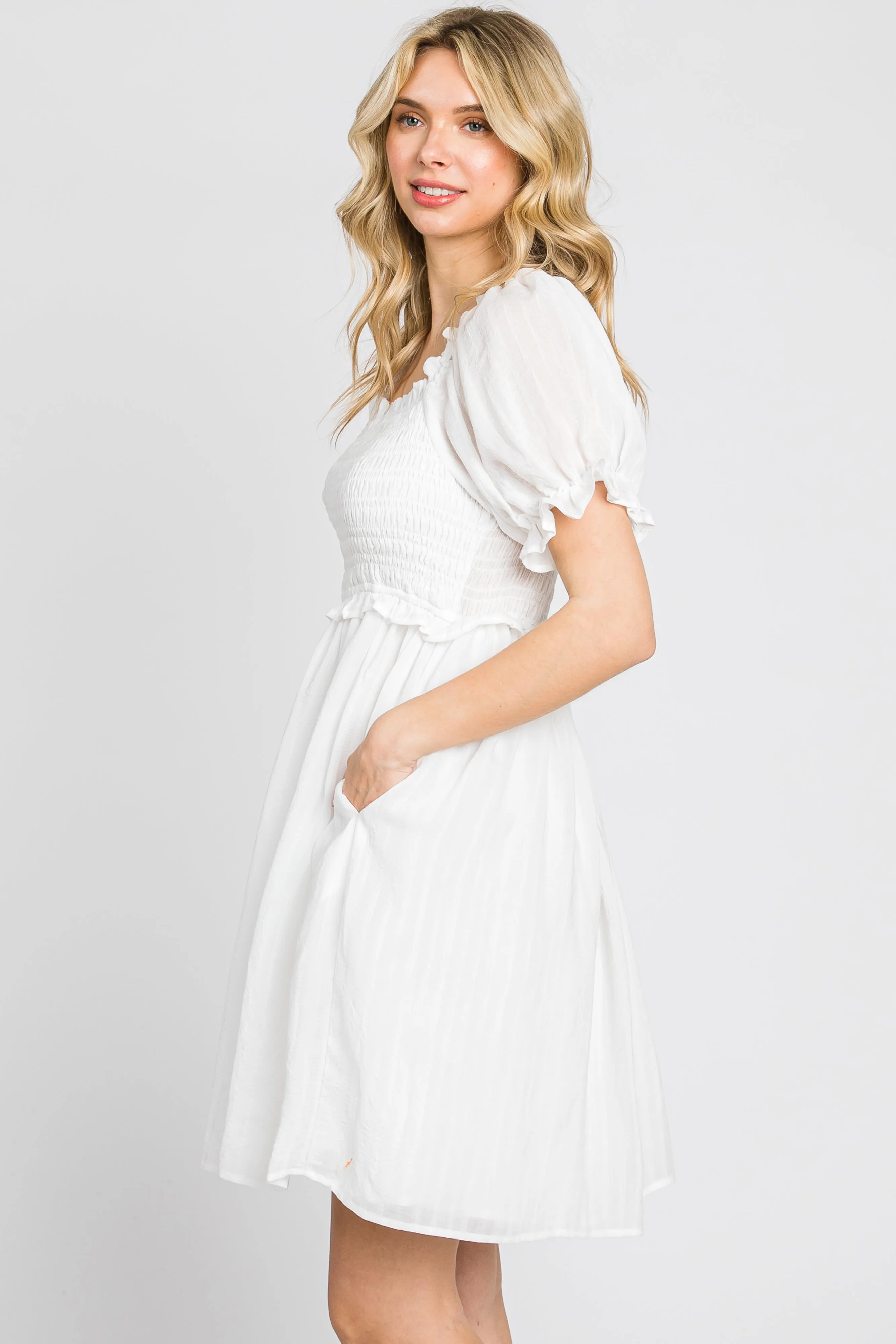 White Smocked Puff Sleeve Dress sold by Pinkblush product image thumbnail 2