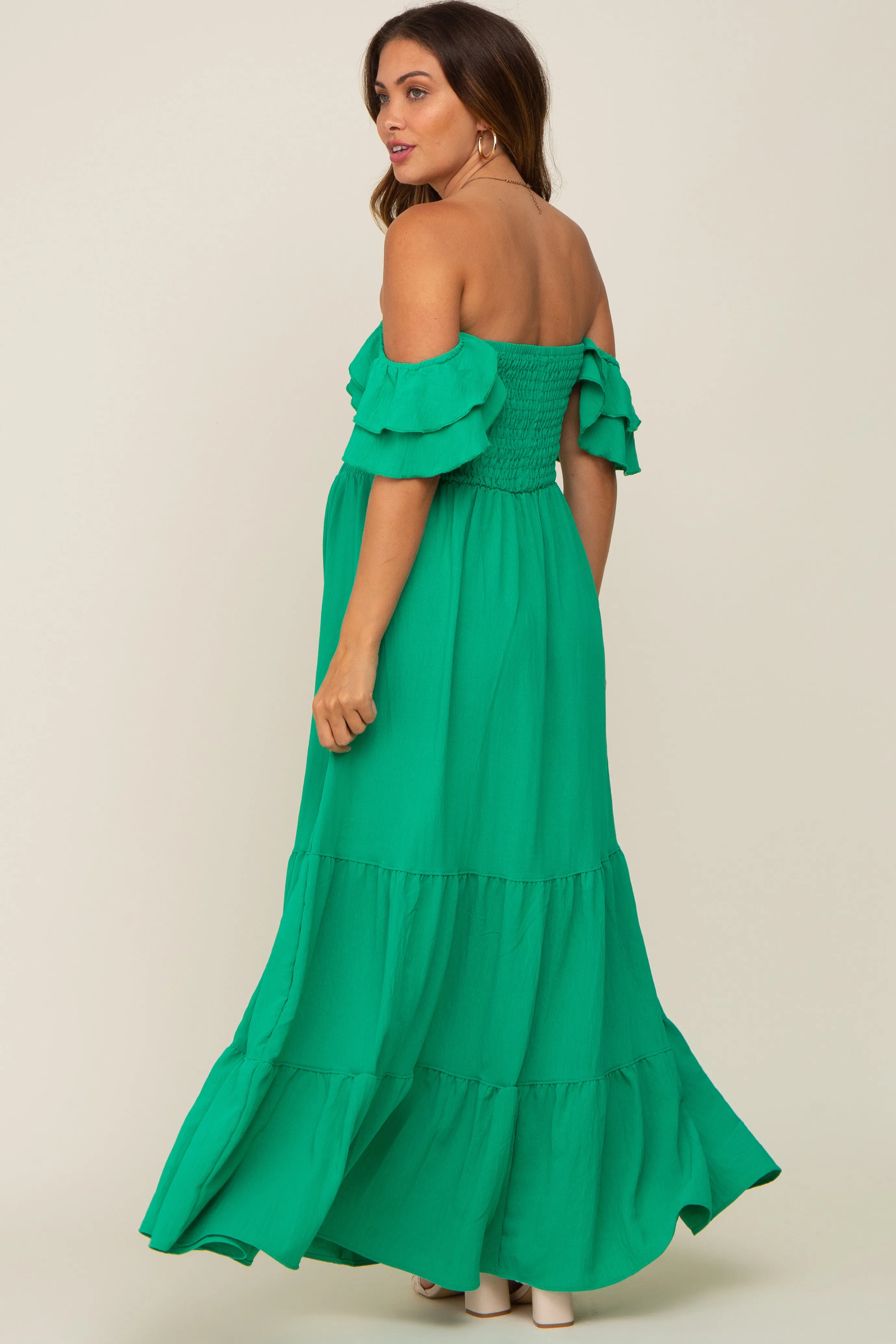 Green Smocked Ruffle Off Shoulder Tiered Maternity Maxi Dress sold by Pinkblush product image thumbnail 2