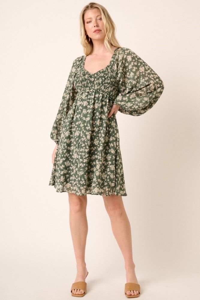 Green Floral Long Puff Sleeve Dress sold by Pinkblush