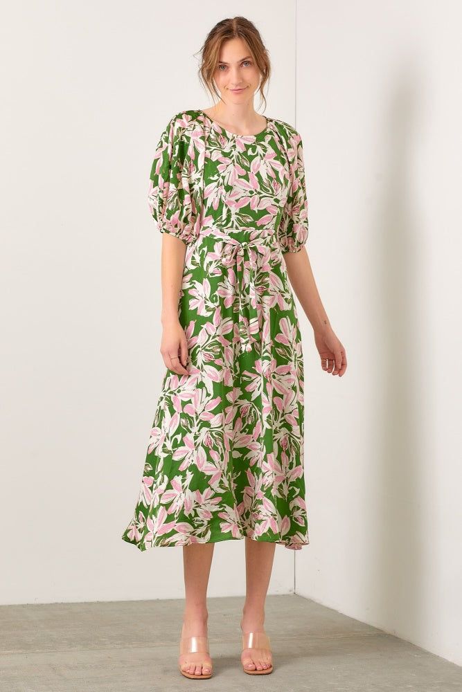 Green Multi Large Floral Print Puff Sleeve Midi Dress sold by Pinkblush