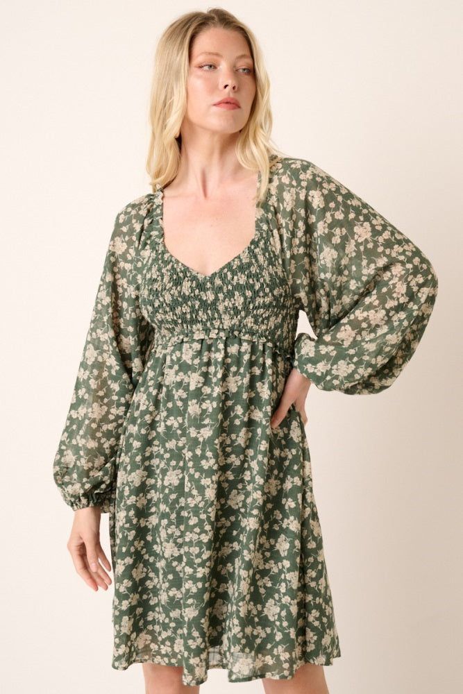 Green Floral Long Puff Sleeve Dress sold by Pinkblush product image thumbnail 2
