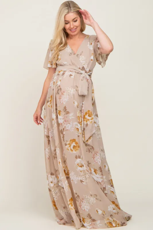 Taupe Floral Chiffon Wrap Short Sleeve Maternity Maxi Dress sold by Pinkblush