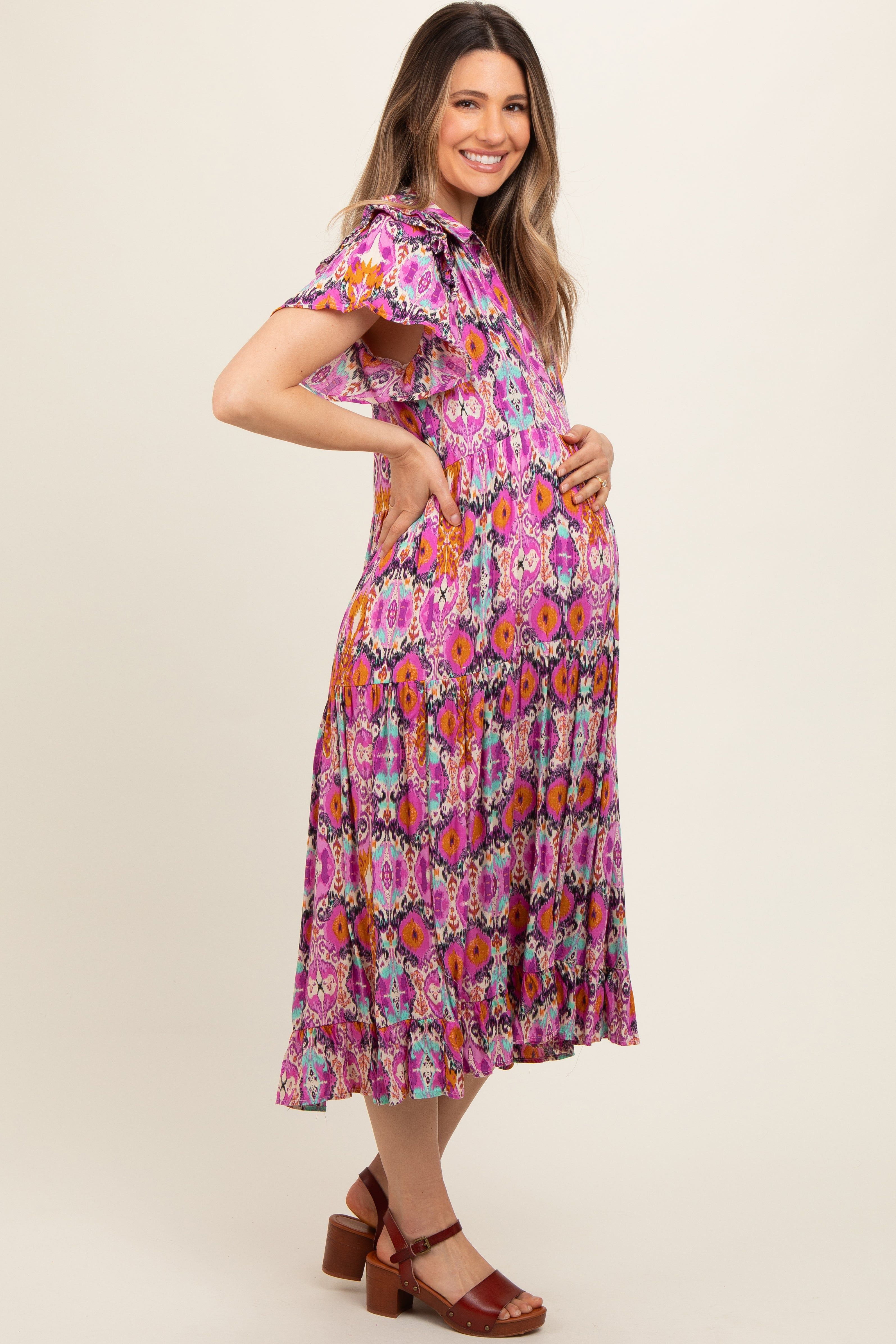 Magenta Print Ruffle Accent Maternity Midi Dress sold by Pinkblush product image thumbnail 2