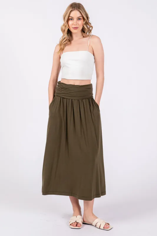 Olive Fold-Over Maxi Skirt sold by Pinkblush