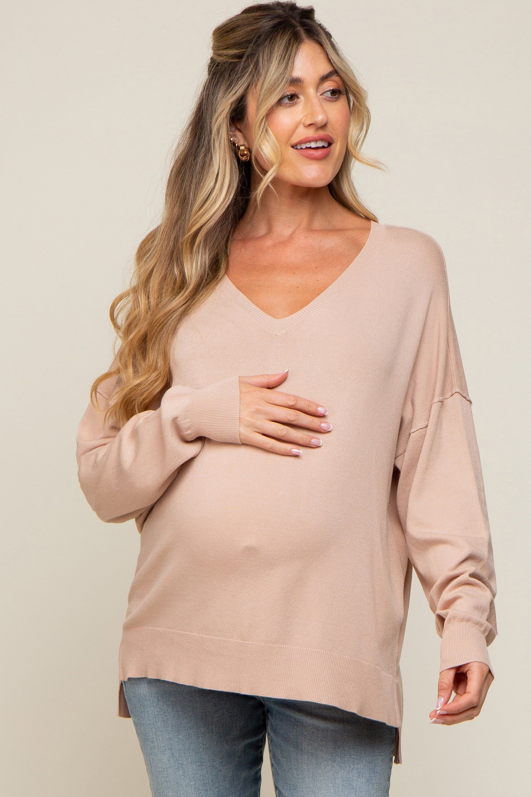 Taupe Knit V-Neck Long Sleeve Maternity Top sold by Pinkblush product image thumbnail 2