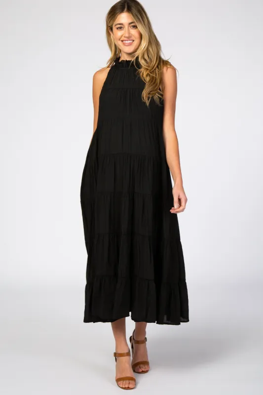 Black Tiered High Neck Maternity Maxi Dress sold by Pinkblush