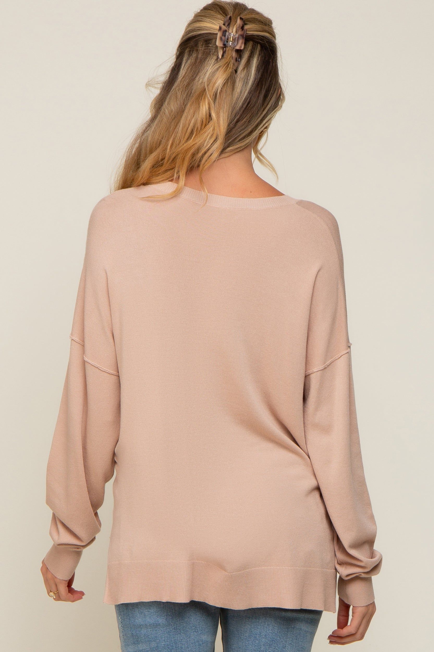 Taupe Knit V-Neck Long Sleeve Maternity Top sold by Pinkblush product image thumbnail 4