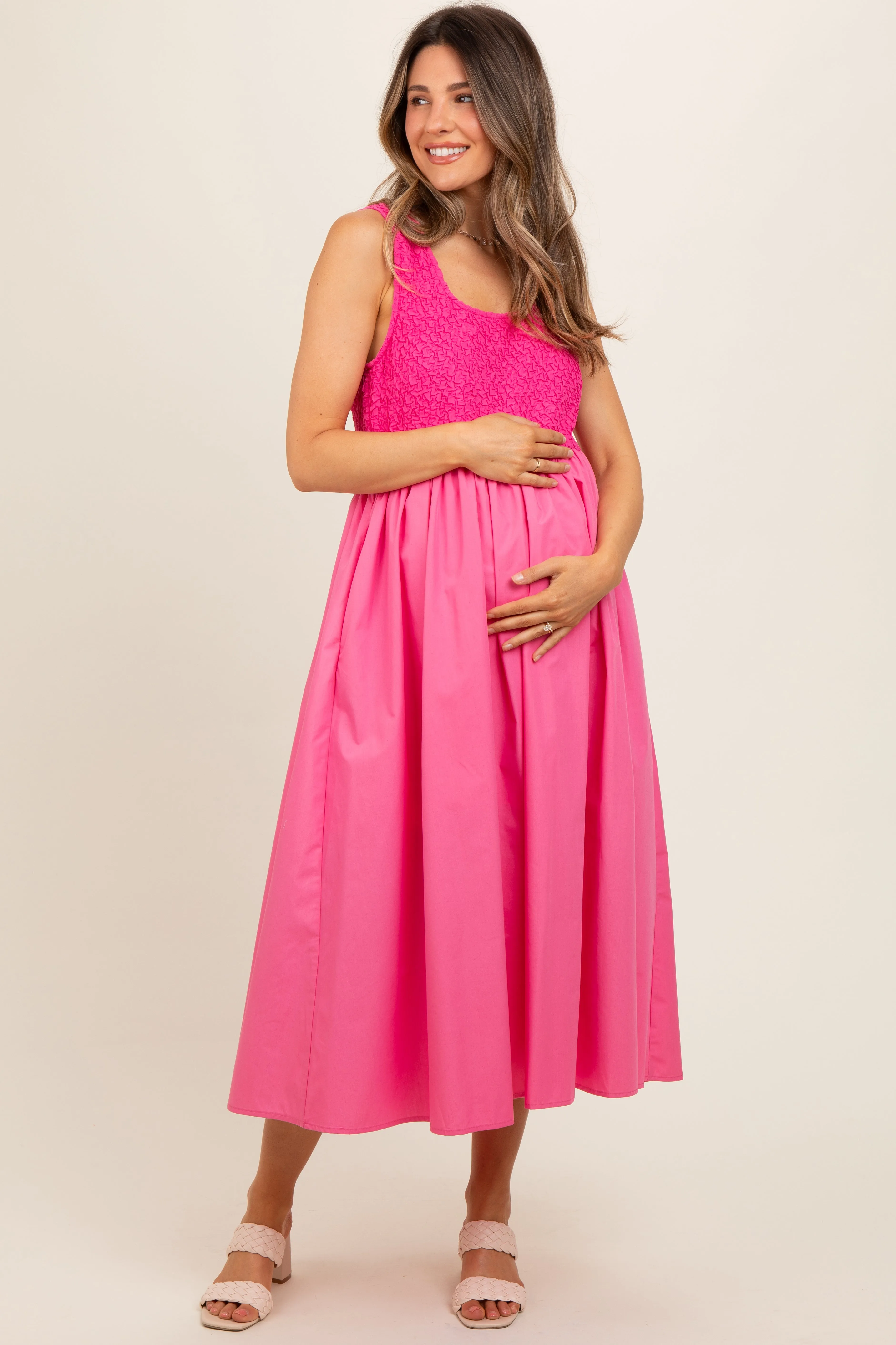 Pink Textured Scoop Neck Sleeveless Maternity Midi Dress sold by Pinkblush product image thumbnail 2