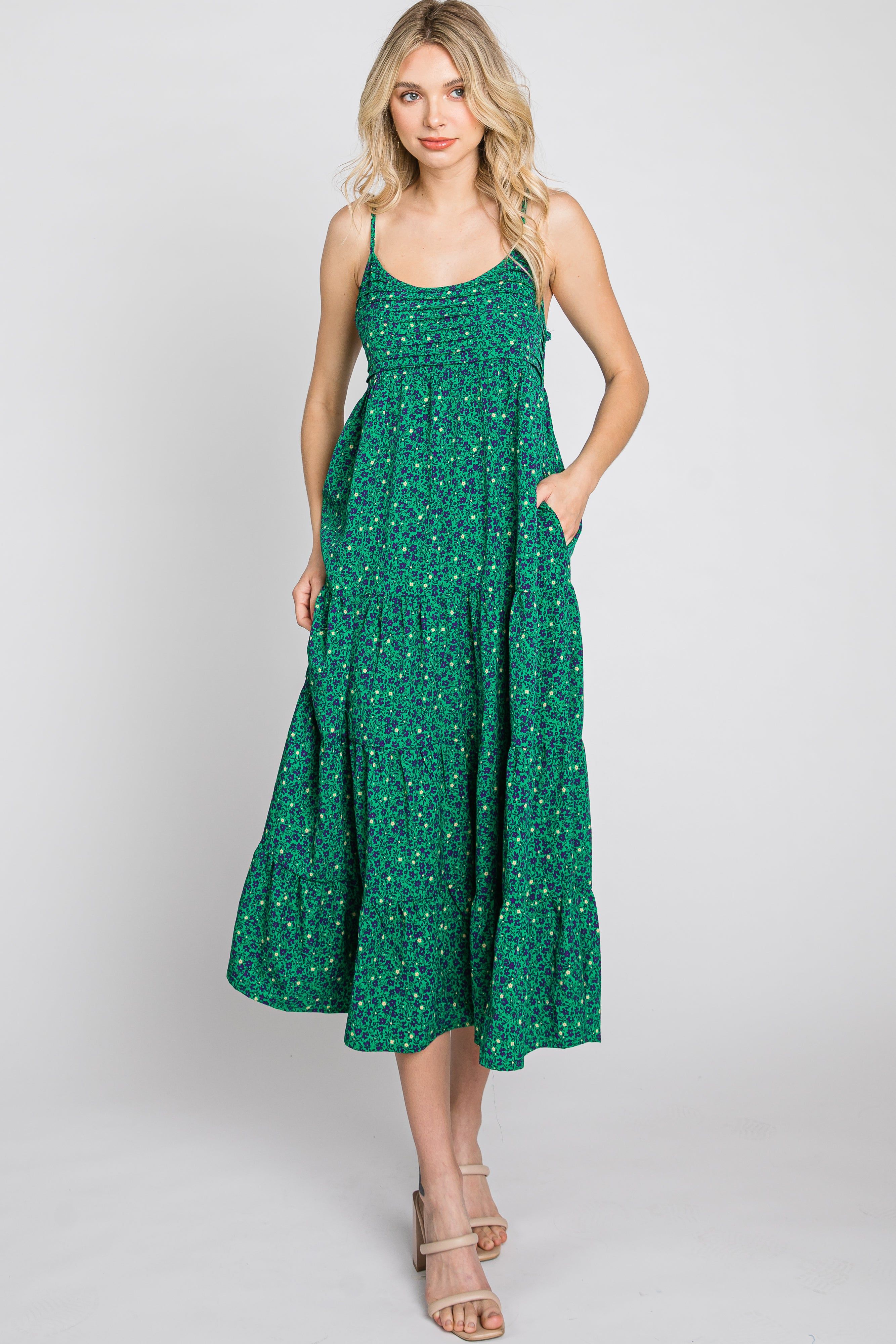 Green Floral Pleated Sleeveless Midi Dress sold by Pinkblush product image thumbnail 4