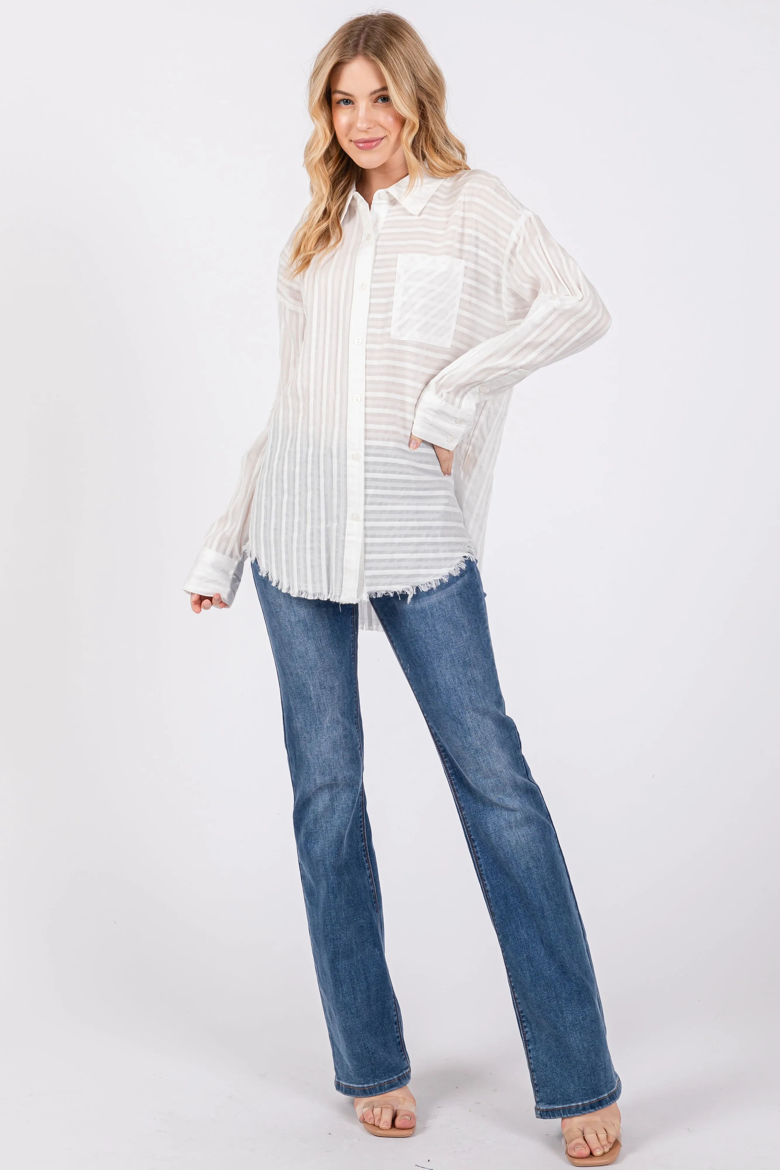 White Striped Fringe Button Down Shirt sold by Pinkblush product image thumbnail 4