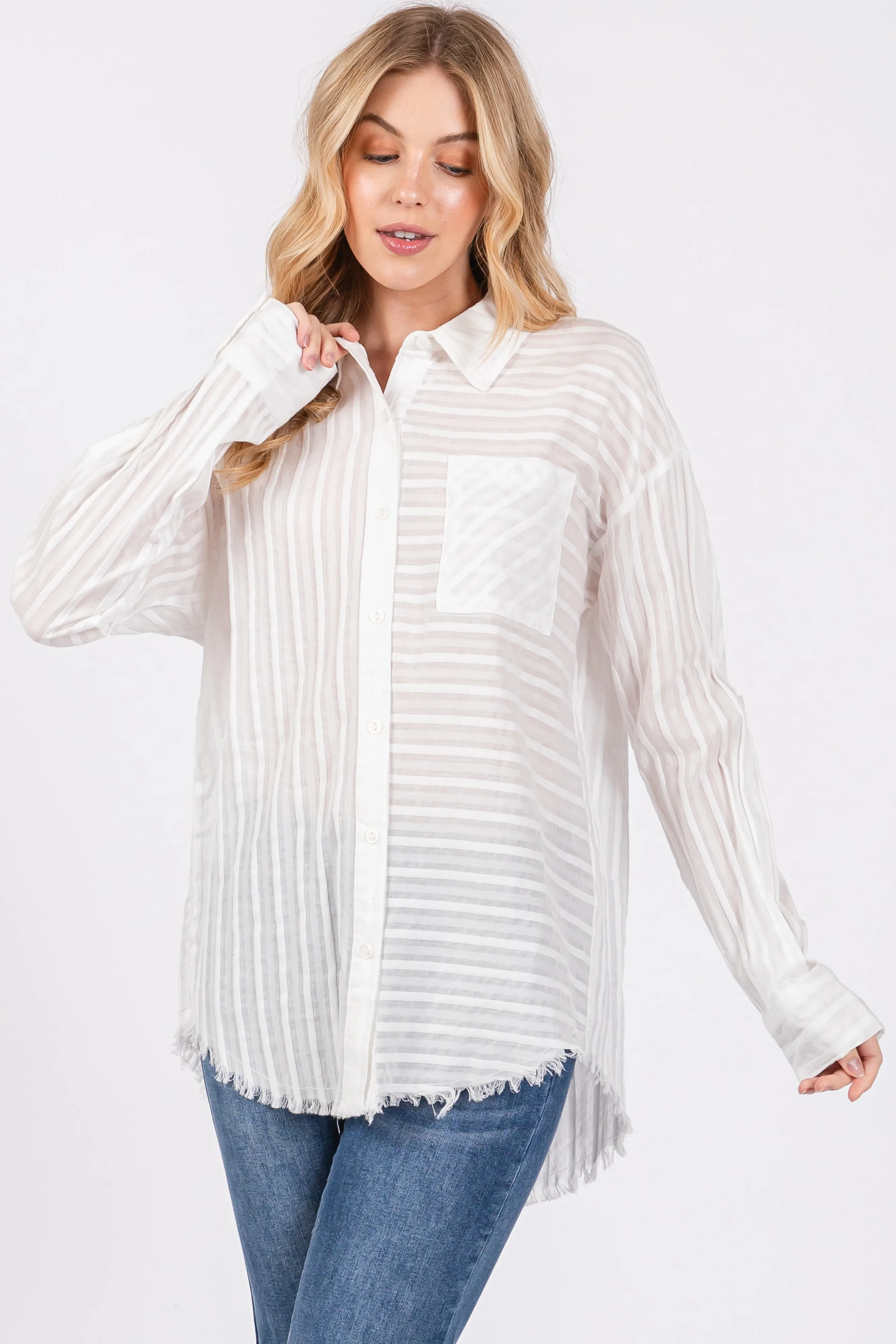 White Striped Fringe Button Down Shirt sold by Pinkblush