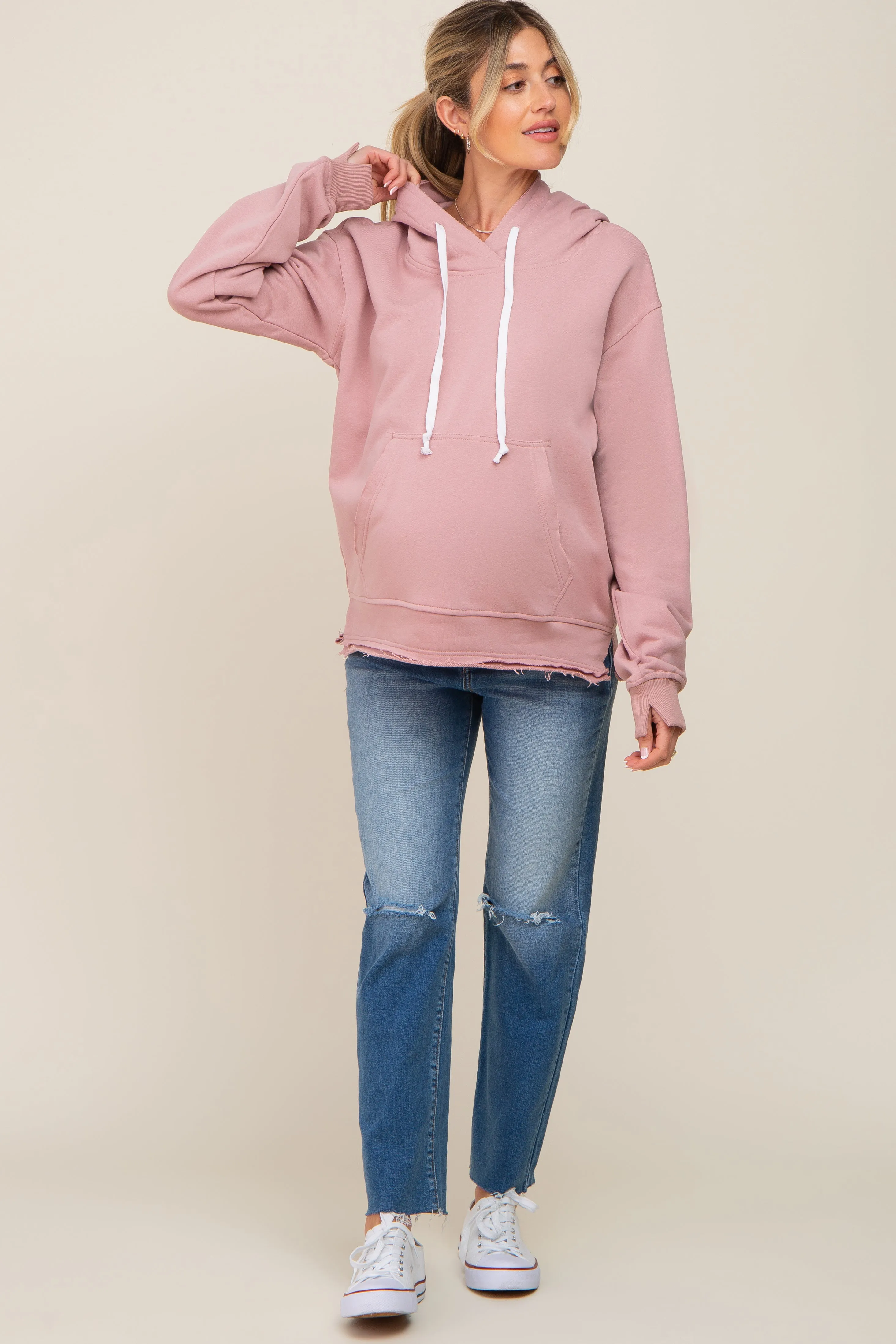 Mauve Raw Edge Trim Maternity Drawstring Hoodie sold by Pinkblush product image thumbnail 4