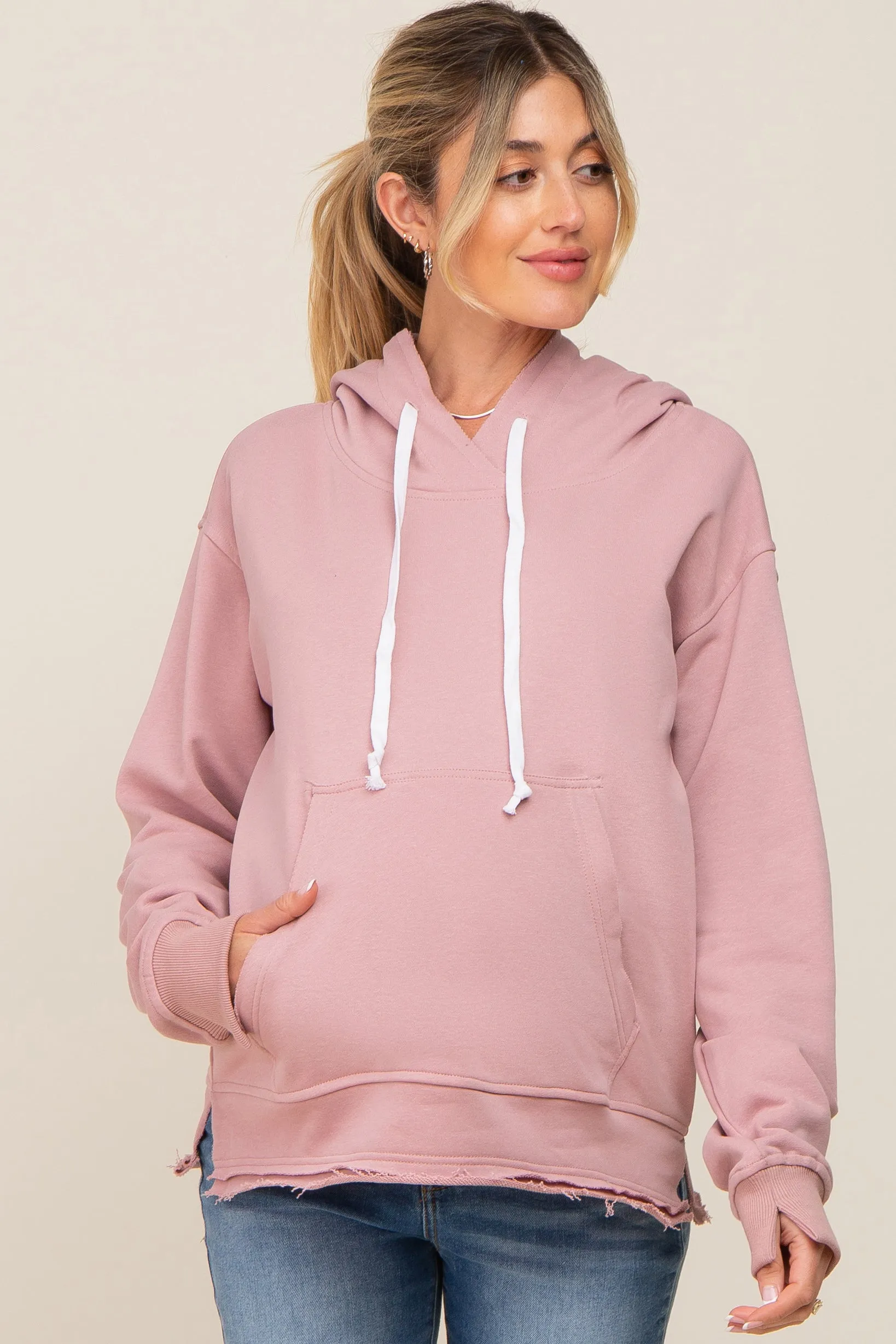 Mauve Raw Edge Trim Maternity Drawstring Hoodie sold by Pinkblush