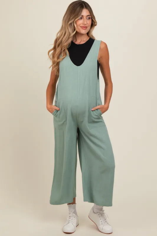 Light Olive V-Neck Wide Leg Maternity Jumpsuit sold by Pinkblush
