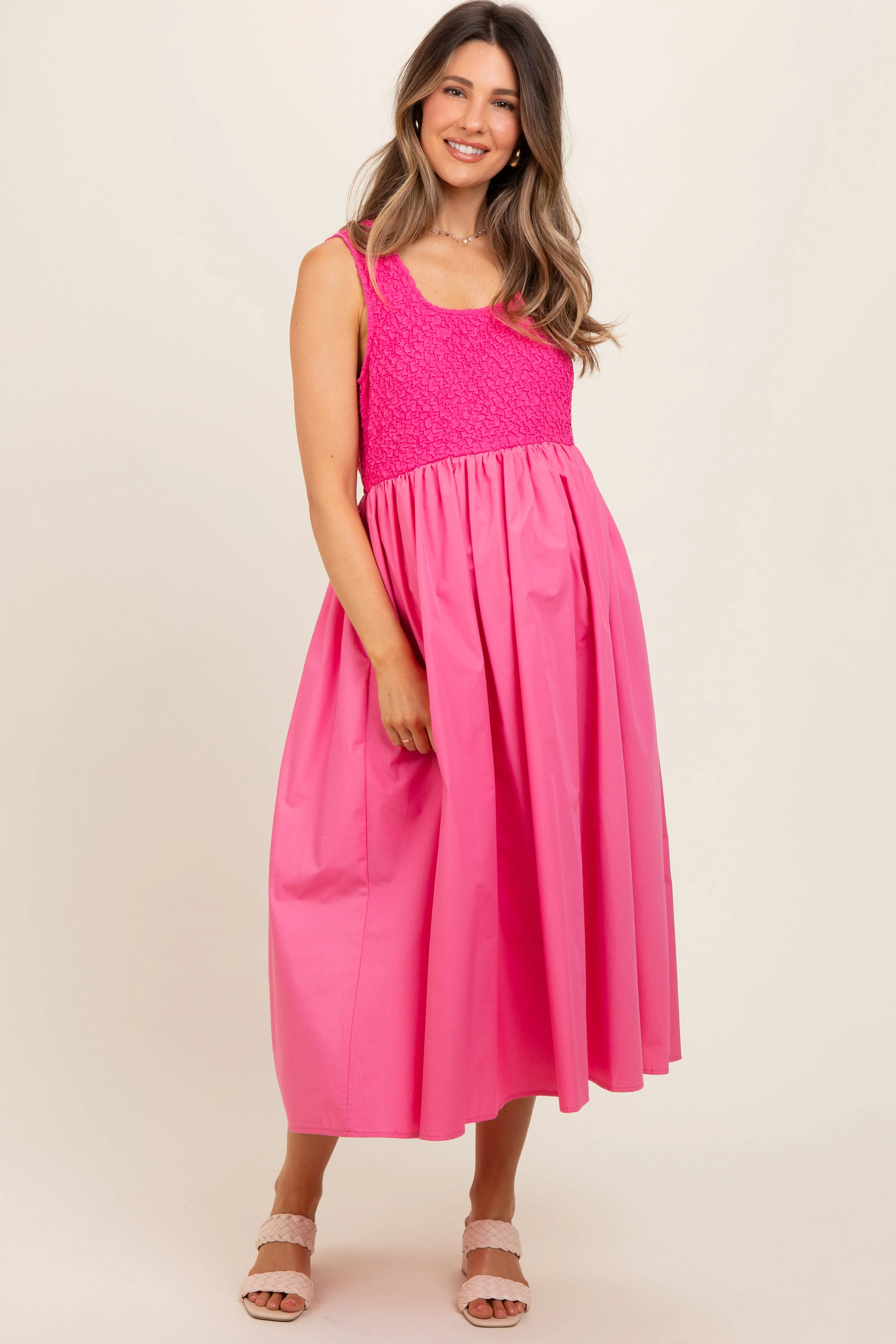 Pink Textured Scoop Neck Sleeveless Maternity Midi Dress sold by Pinkblush product image thumbnail 3