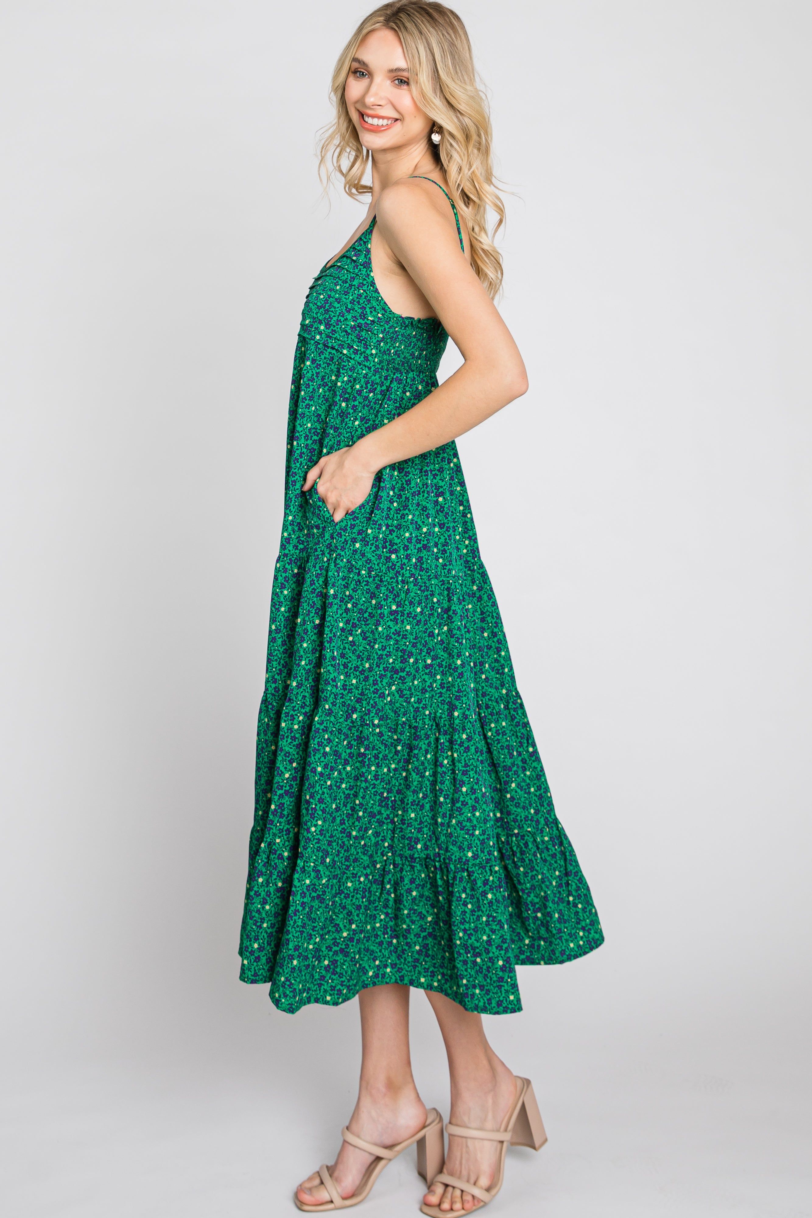 Green Floral Pleated Sleeveless Midi Dress sold by Pinkblush product image thumbnail 5