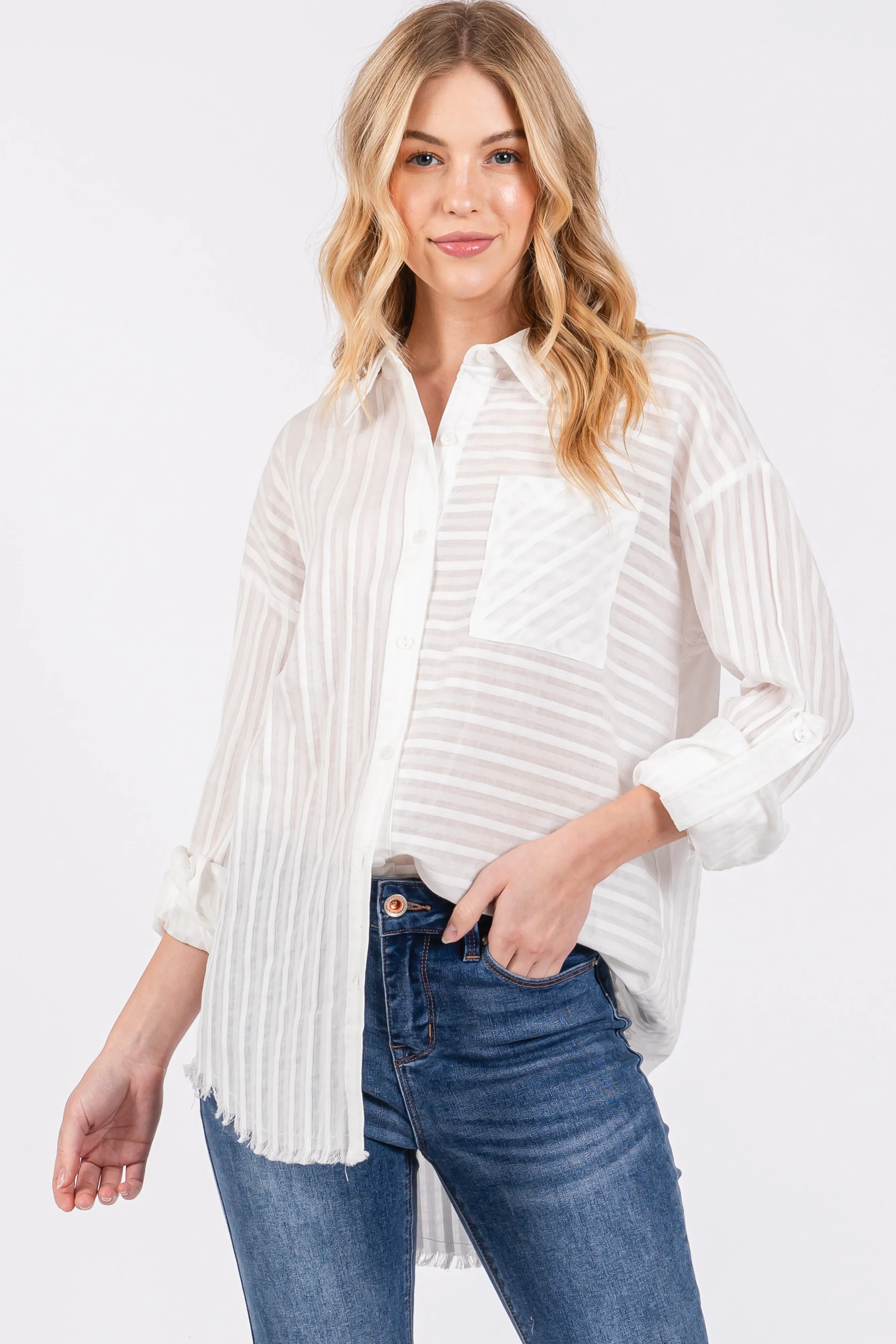 White Striped Fringe Button Down Shirt sold by Pinkblush product image thumbnail 5