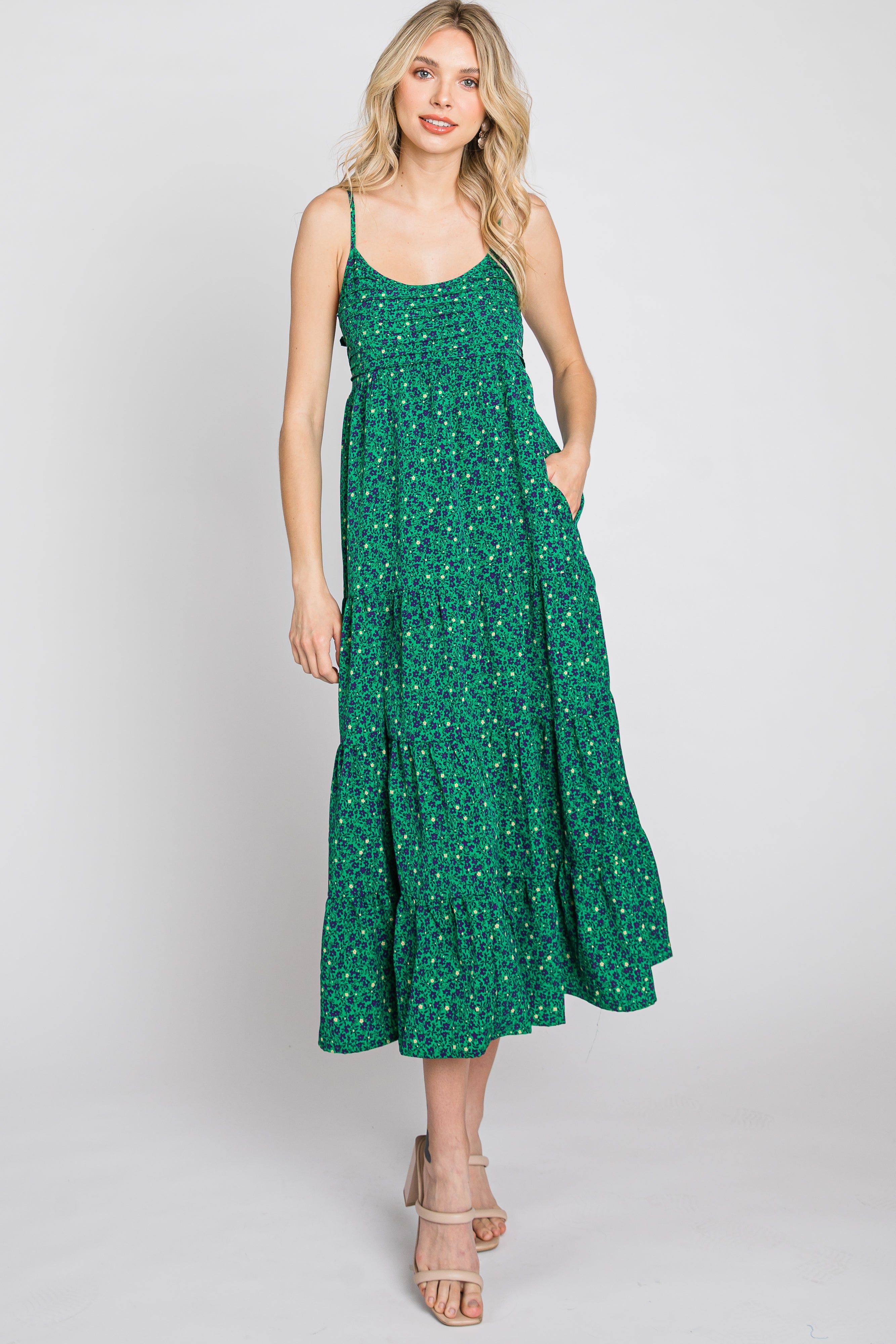 Green Floral Pleated Sleeveless Midi Dress sold by Pinkblush product image thumbnail 3