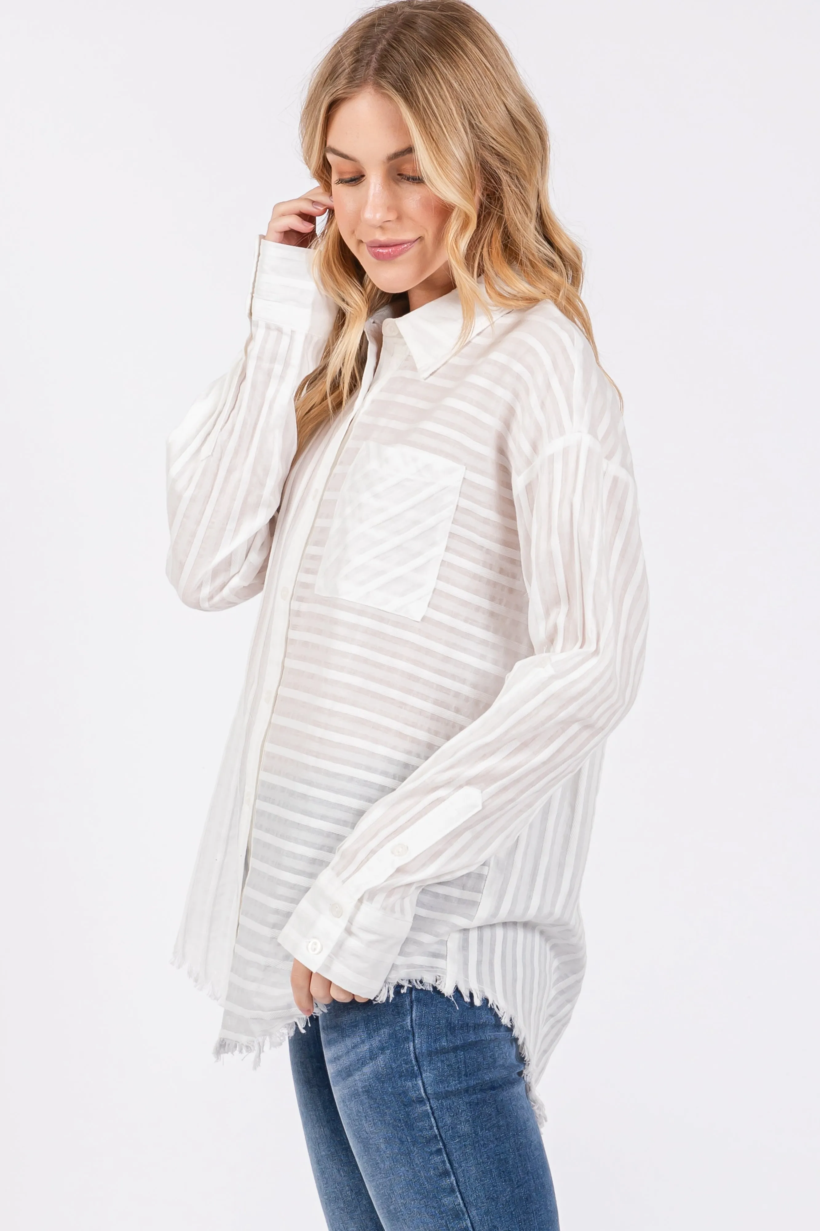 White Striped Fringe Button Down Shirt sold by Pinkblush product image thumbnail 2