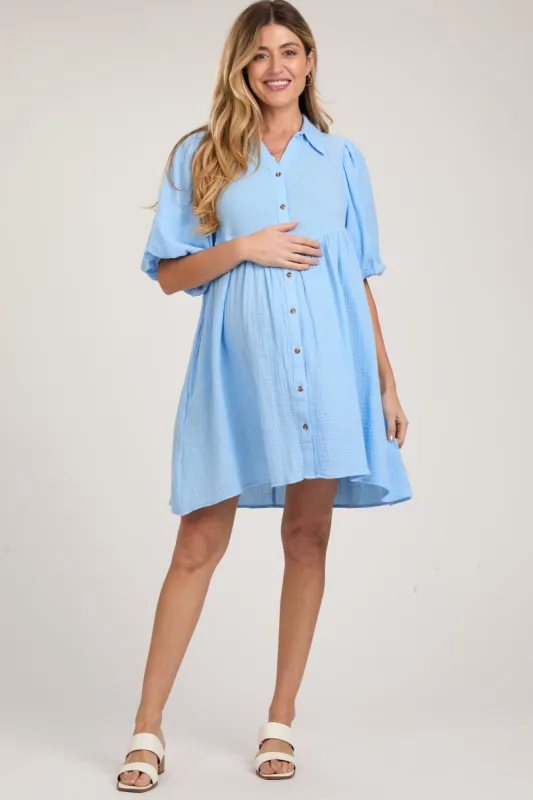 Light Blue Button Down Bubble Sleeve Collared Maternity Dress sold by Pinkblush