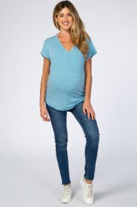 Blue V-Neck Raw Hem Maternity Short Sleeve Top sold by Pinkblush