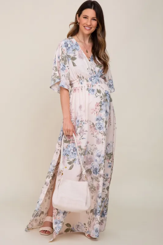 Pink Double V-Neck Dolman Short Sleeve Side Slit Maternity Maxi Dress sold by Pinkblush