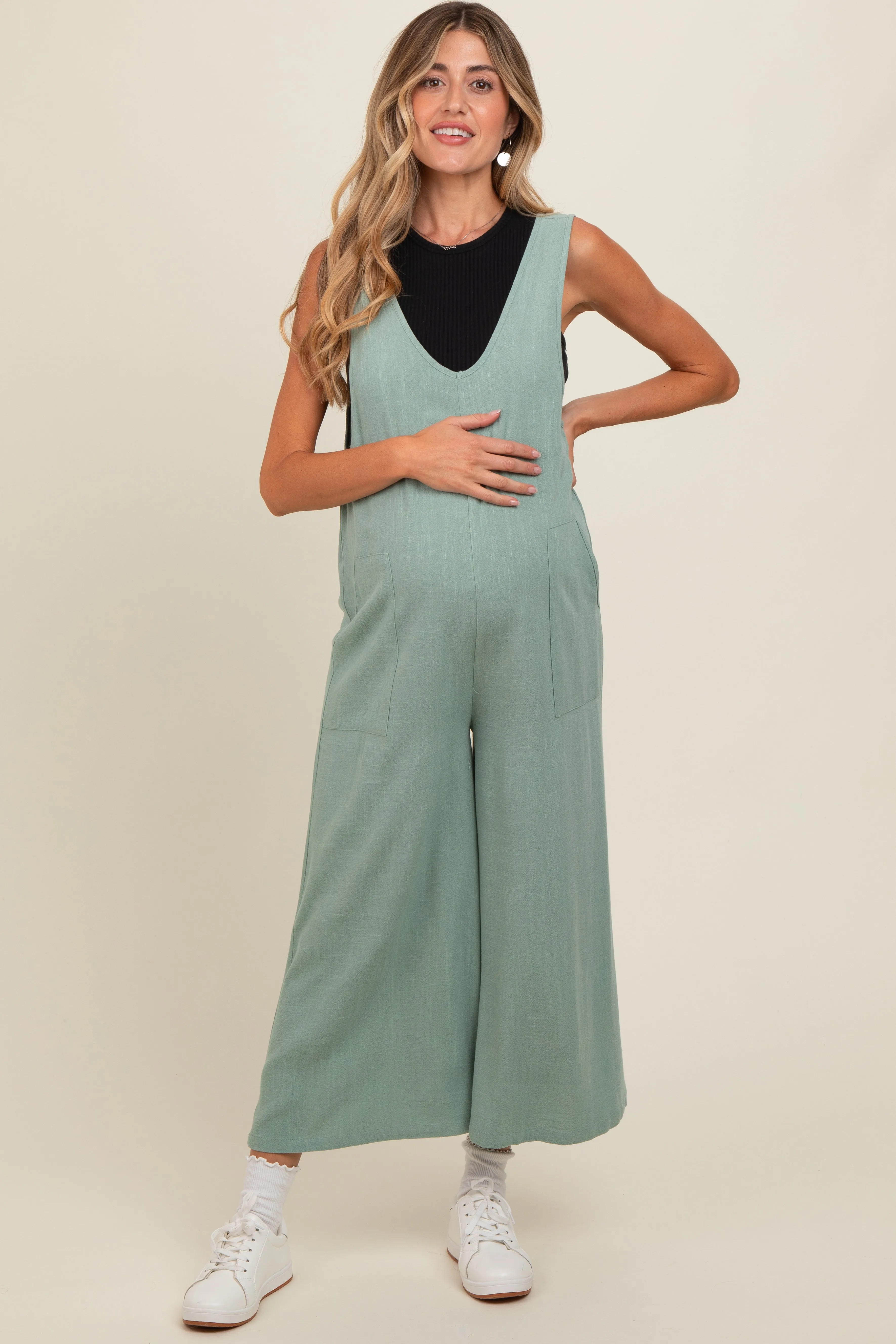 Light Olive V-Neck Wide Leg Maternity Jumpsuit sold by Pinkblush product image thumbnail 2