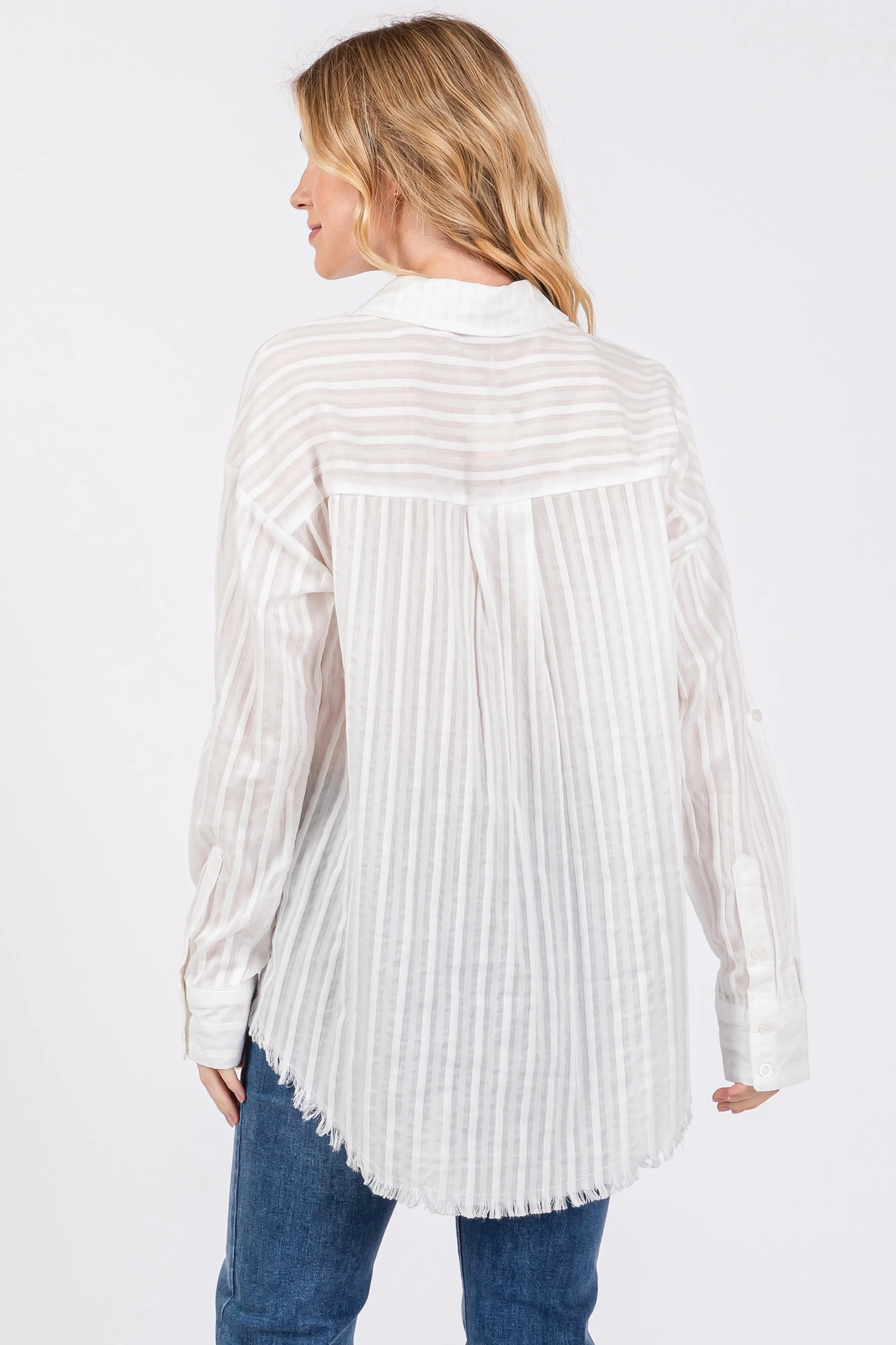 White Striped Fringe Button Down Shirt sold by Pinkblush product image thumbnail 3