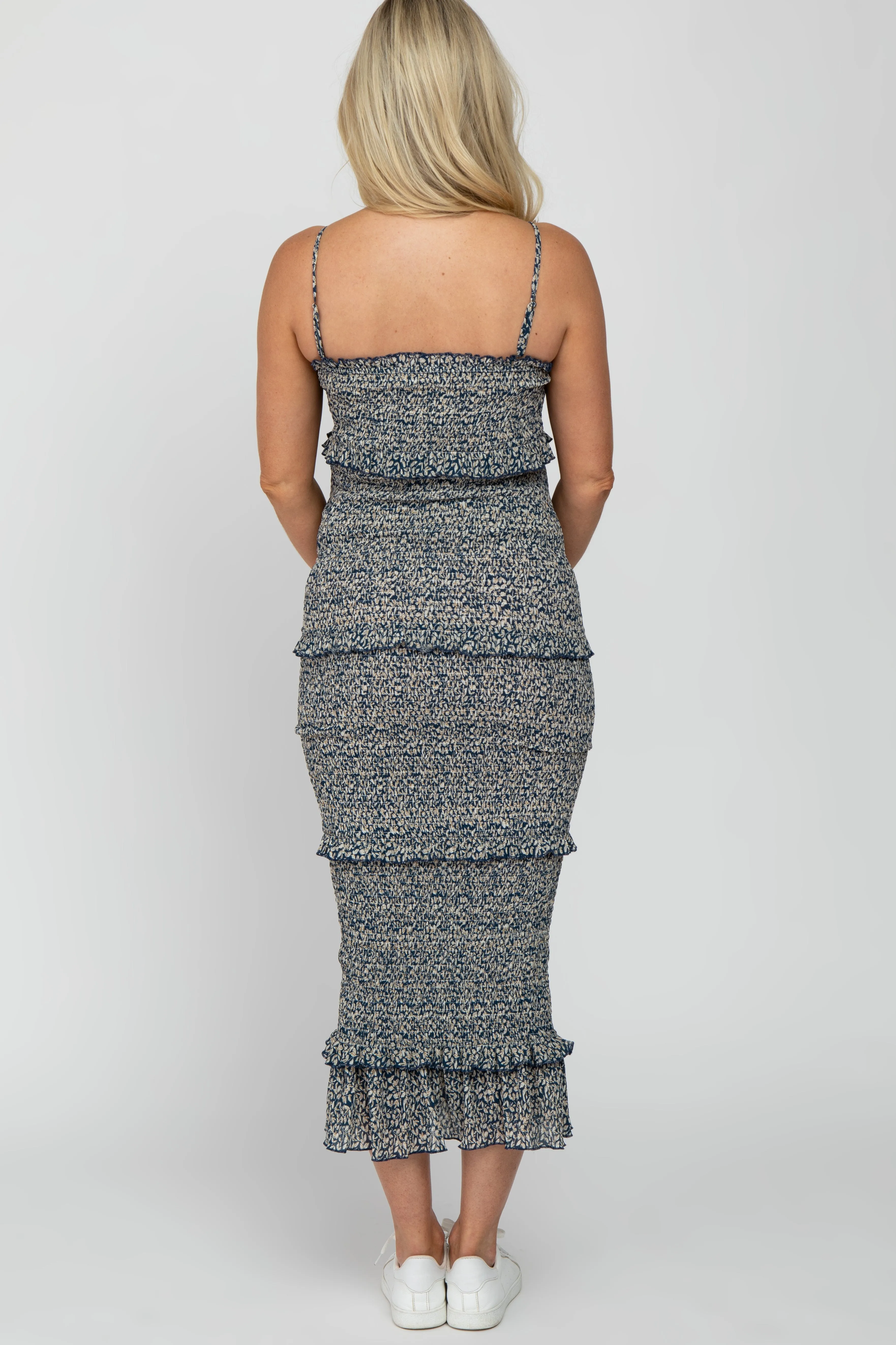 Navy Leaf Print Smocked Fitted Maternity Midi Dress sold by Pinkblush product image thumbnail 5
