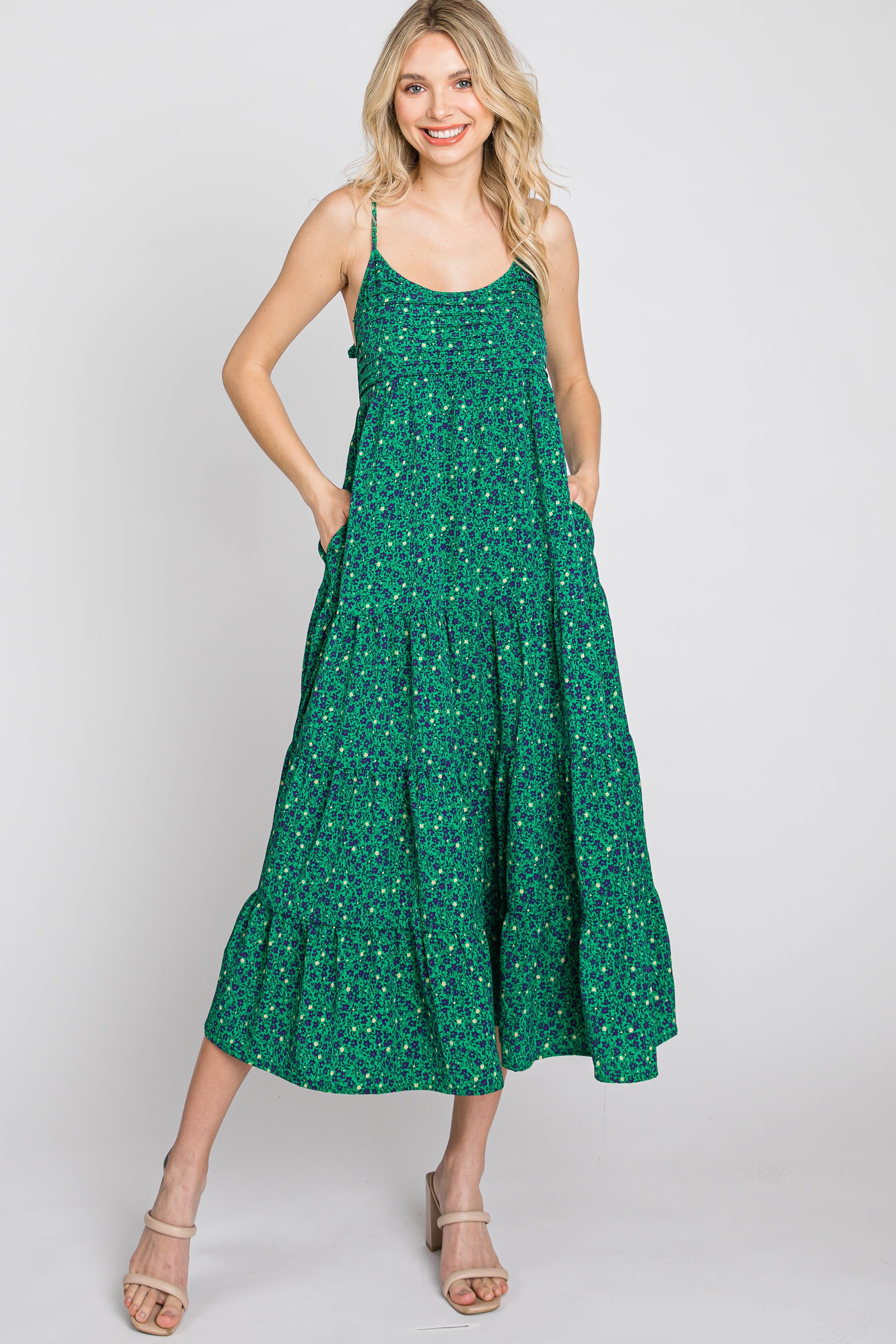 Green Floral Pleated Sleeveless Midi Dress sold by Pinkblush product image thumbnail 2