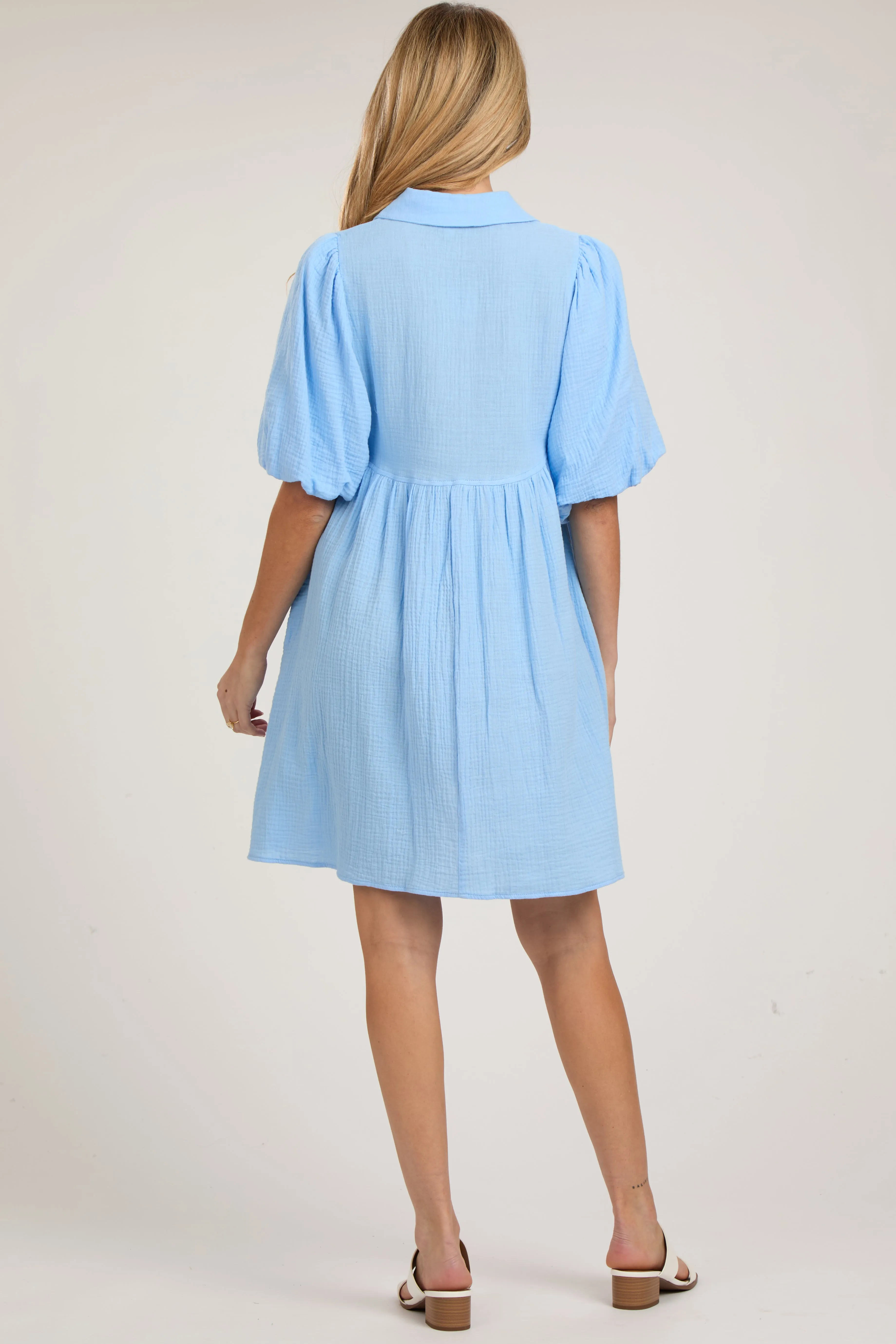 Light Blue Button Down Bubble Sleeve Collared Maternity Dress sold by Pinkblush product image thumbnail 2