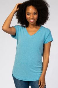 Blue V-Neck Raw Hem Maternity Short Sleeve Top sold by Pinkblush