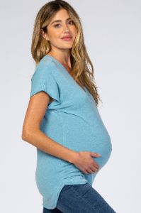 Blue V-Neck Raw Hem Maternity Short Sleeve Top sold by Pinkblush