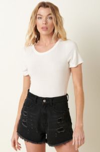 Black Denim Frayed Hem Shorts sold by Pinkblush