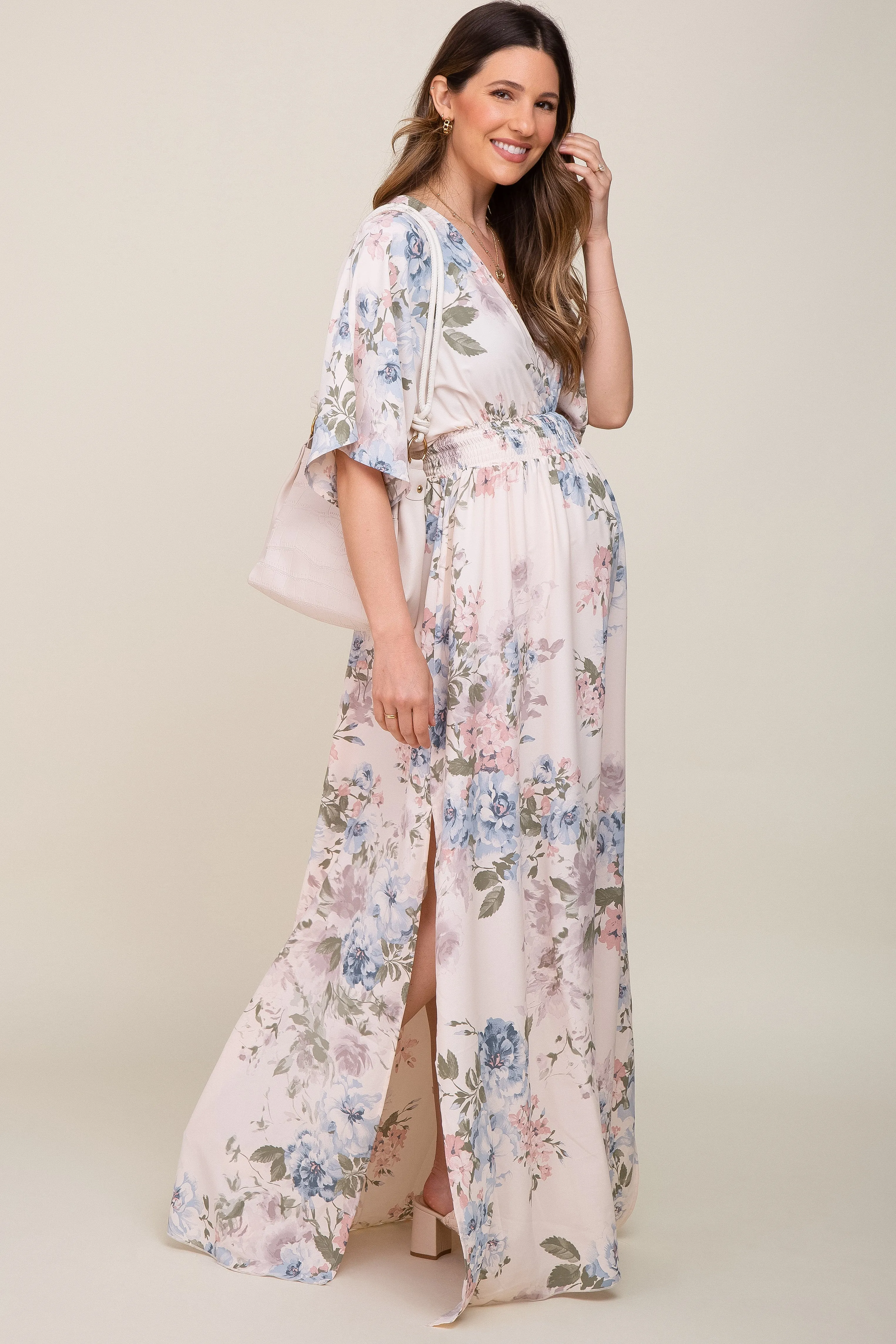 Pink Double V-Neck Dolman Short Sleeve Side Slit Maternity Maxi Dress sold by Pinkblush product image thumbnail 2